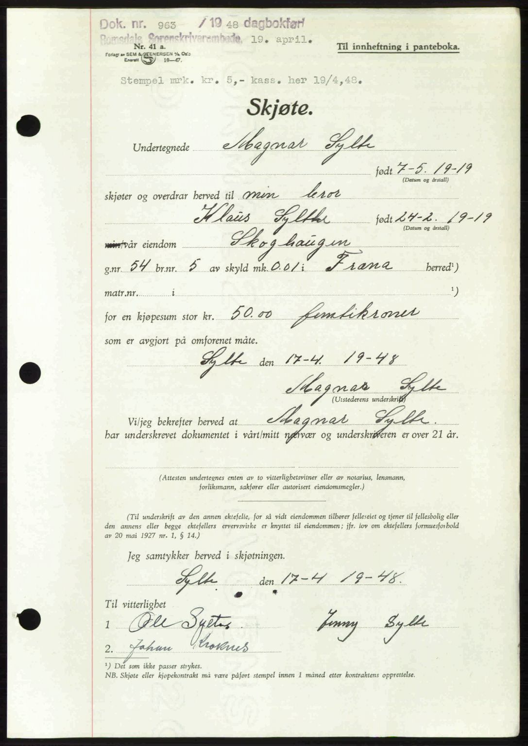 Romsdal sorenskriveri, SAT/A-4149/1/2/2C: Pantebok nr. A26, 1948-1948, Dagboknr: 963/1948