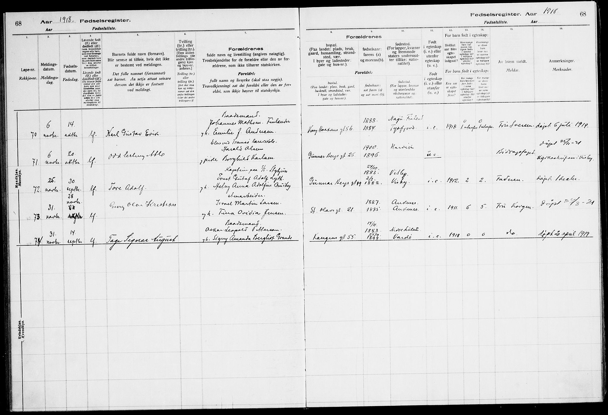 Ministerialprotokoller, klokkerbøker og fødselsregistre - Nordland, AV/SAT-A-1459/871/L1013: Fødselsregister nr. 871.II.4.1, 1916-1924, s. 68