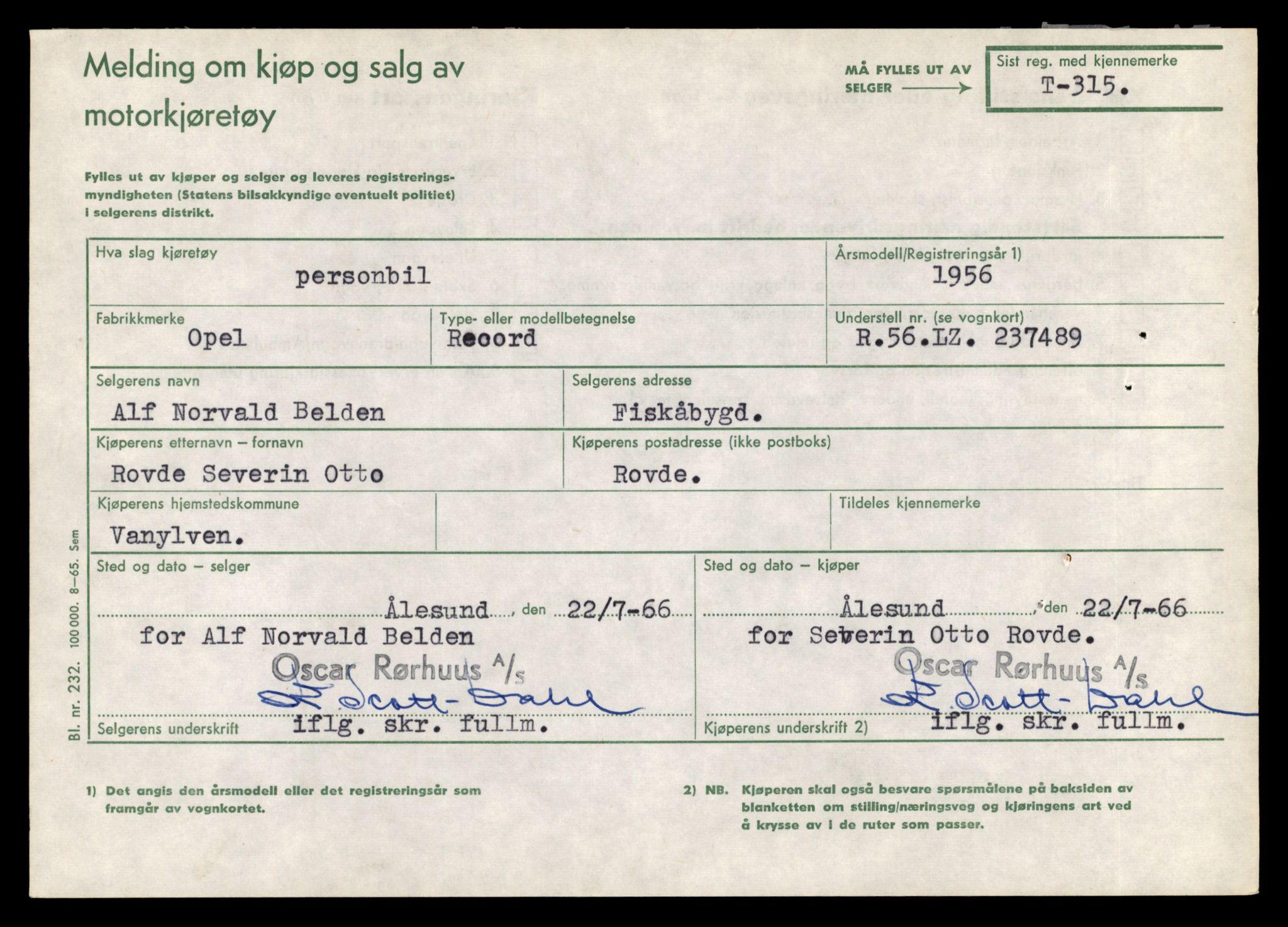 Møre og Romsdal vegkontor - Ålesund trafikkstasjon, SAT/A-4099/F/Fe/L0003: Registreringskort for kjøretøy T 232 - T 340, 1927-1998, s. 3020