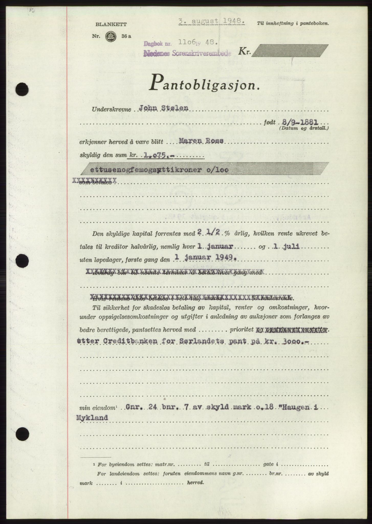 Nedenes sorenskriveri, AV/SAK-1221-0006/G/Gb/Gbb/L0005: Pantebok nr. B5, 1948-1948, Dagboknr: 1106/1948