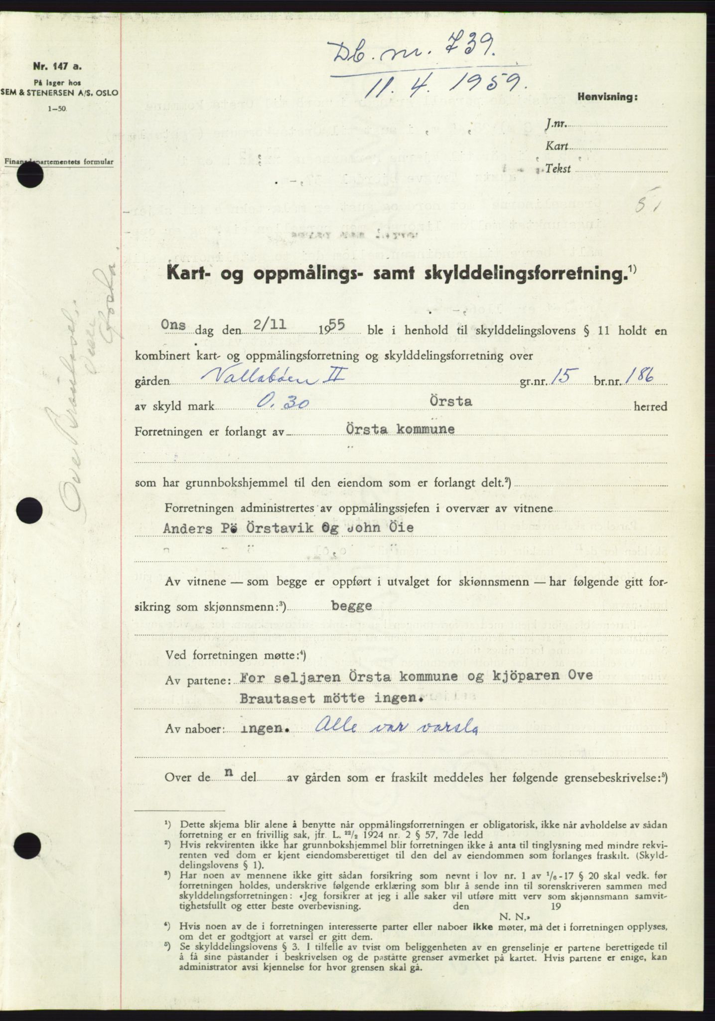 Søre Sunnmøre sorenskriveri, SAT/A-4122/1/2/2C/L0112: Pantebok nr. 38A, 1959-1959, Dagboknr: 739/1959