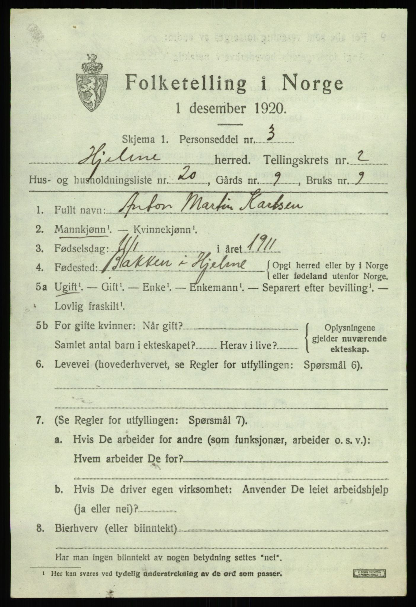 SAB, Folketelling 1920 for 1259 Hjelme herred, 1920, s. 1322