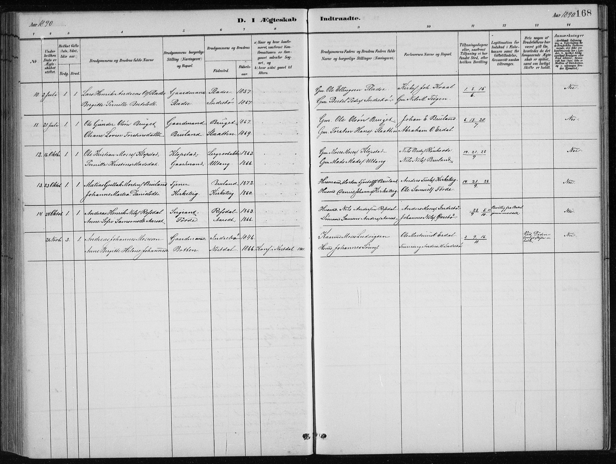 Førde sokneprestembete, AV/SAB-A-79901/H/Hab/Haba/L0002: Klokkerbok nr. A 2, 1881-1898, s. 168