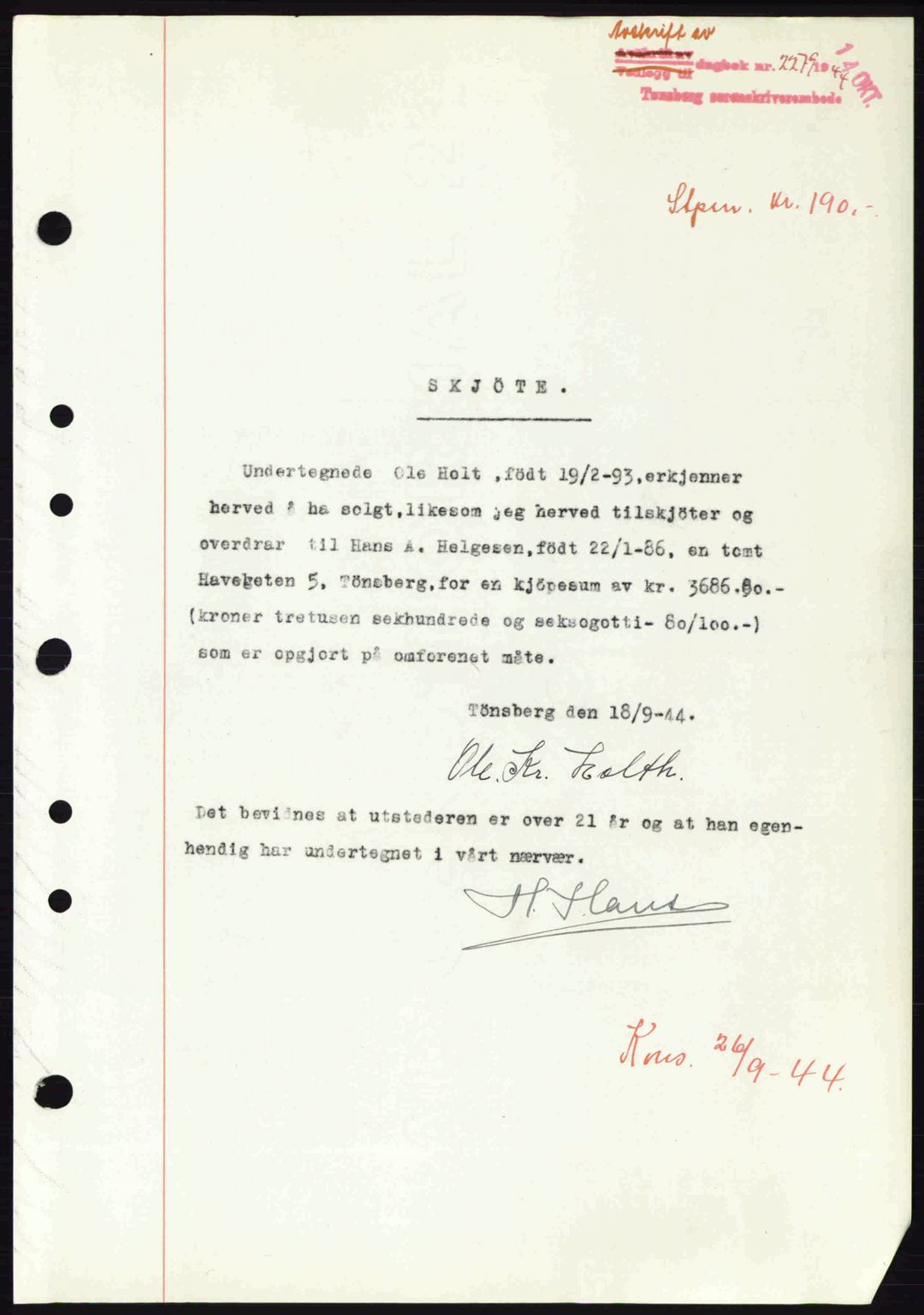 Tønsberg sorenskriveri, AV/SAKO-A-130/G/Ga/Gaa/L0016: Pantebok nr. A16, 1944-1945, Dagboknr: 2279/1944