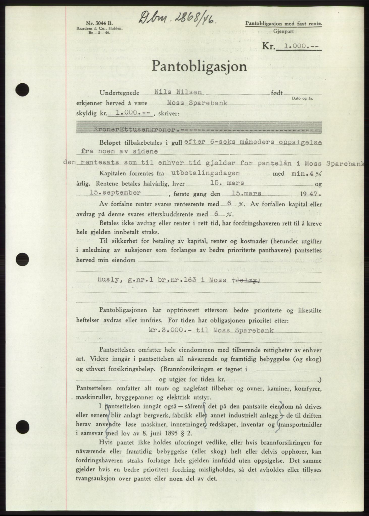 Moss sorenskriveri, SAO/A-10168: Pantebok nr. B16, 1946-1947, Dagboknr: 2868/1946