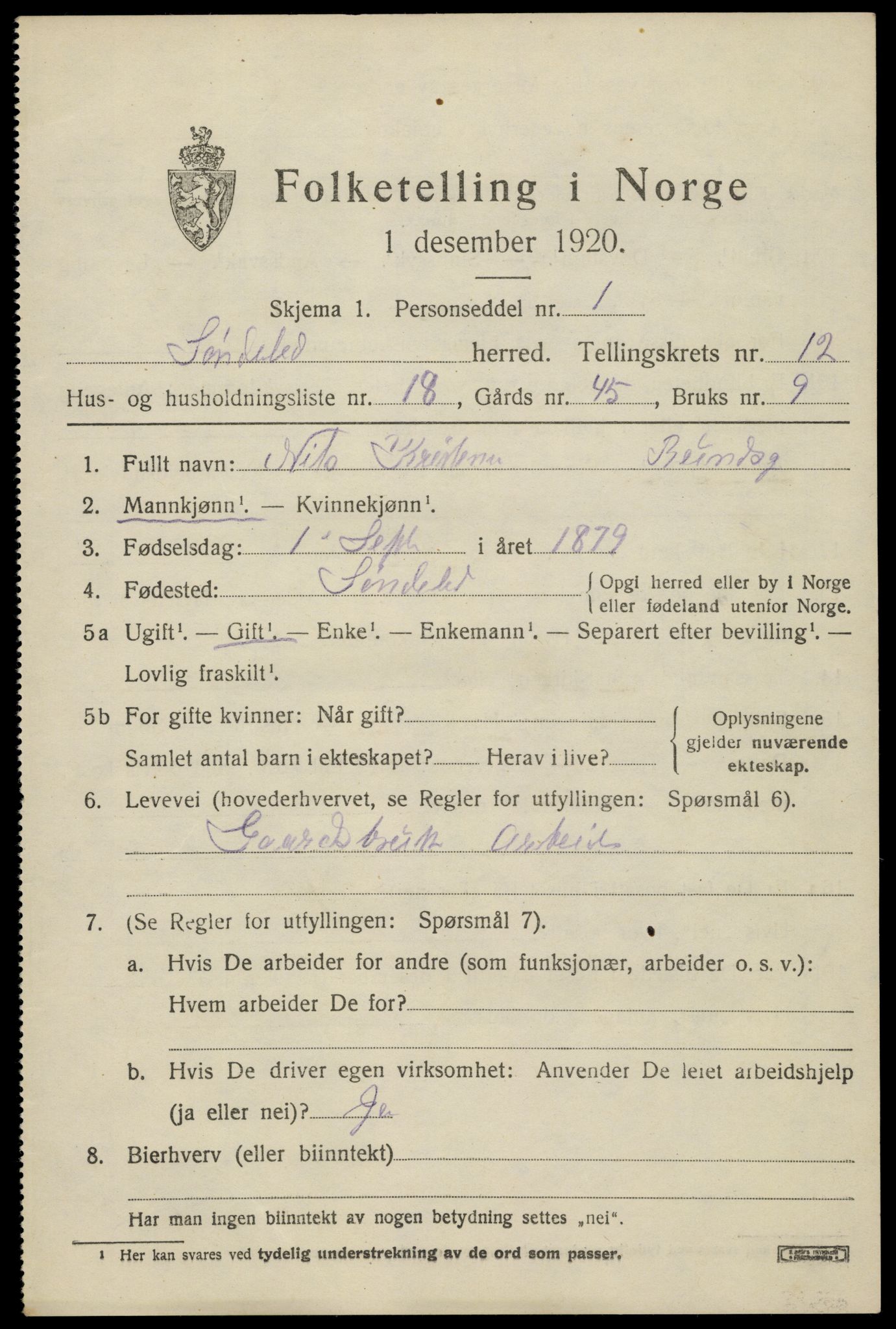 SAK, Folketelling 1920 for 0913 Søndeled herred, 1920, s. 6037