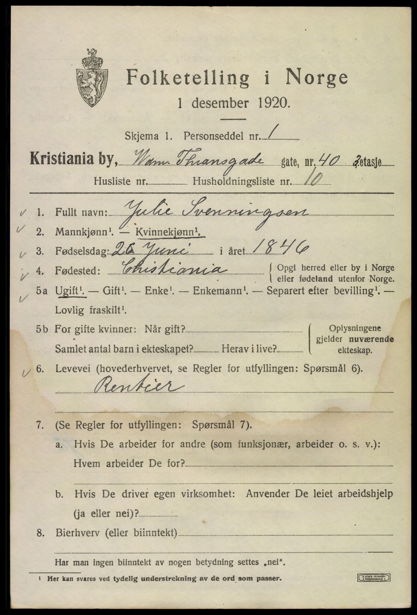 SAO, Folketelling 1920 for 0301 Kristiania kjøpstad, 1920, s. 647525