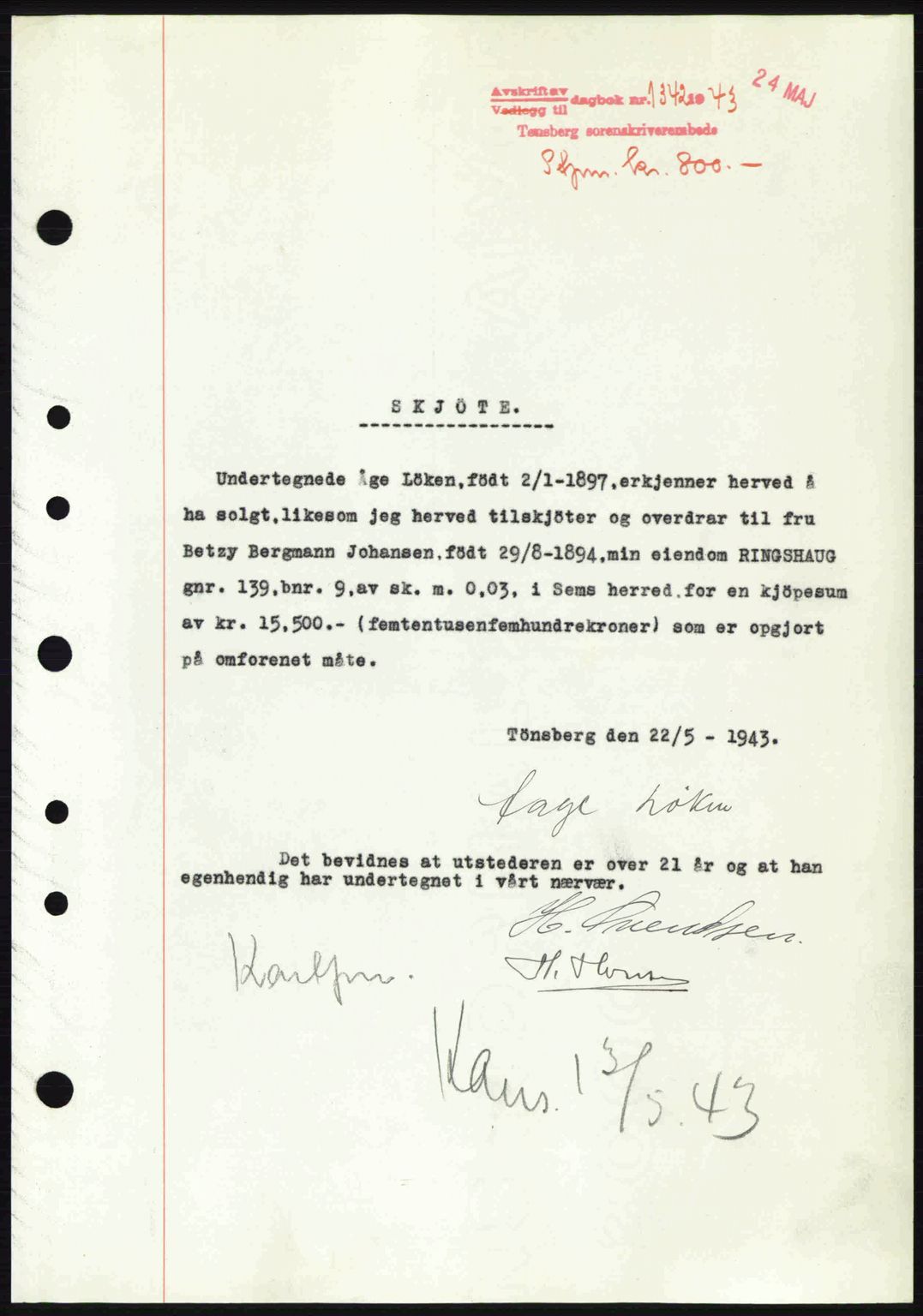 Jarlsberg sorenskriveri, SAKO/A-131/G/Ga/Gaa/L0013: Pantebok nr. A-13, 1942-1943, Dagboknr: 1342/1943