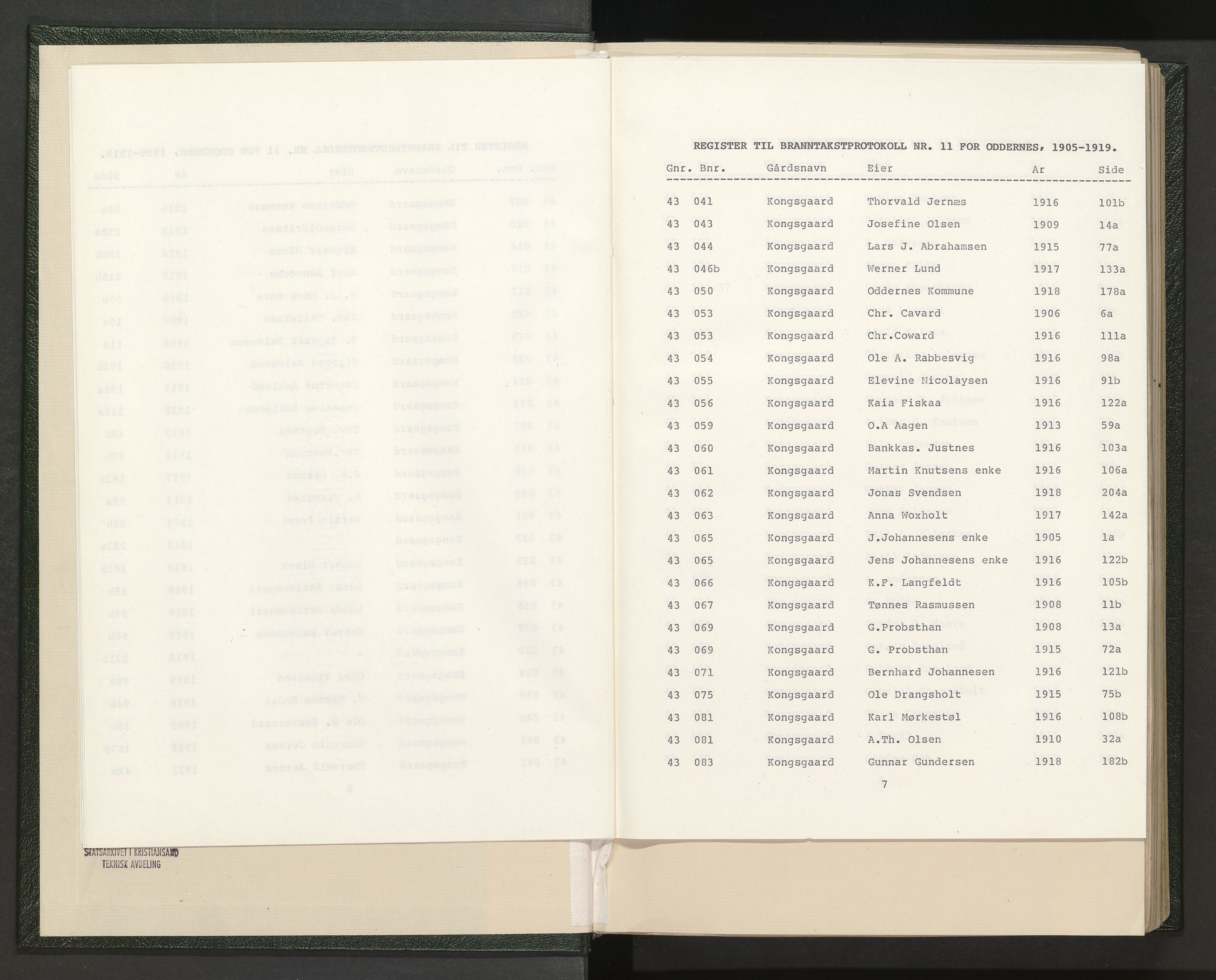 Norges Brannkasse Oddernes, AV/SAK-2241-0042/F/Fa/L0011: Branntakstprotokoll nr. 11 med gårdsnavnregister, 1905-1919