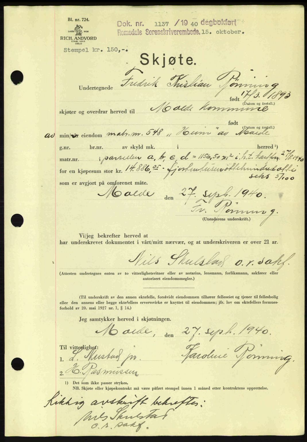 Romsdal sorenskriveri, AV/SAT-A-4149/1/2/2C: Pantebok nr. A8, 1939-1940, Dagboknr: 1137/1940