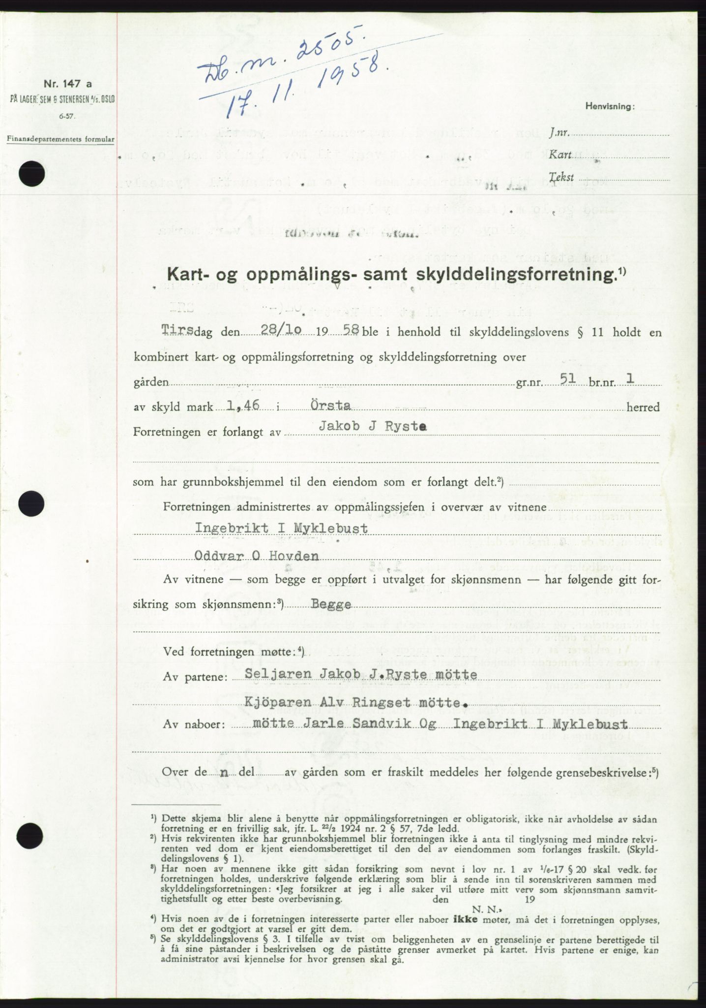 Søre Sunnmøre sorenskriveri, SAT/A-4122/1/2/2C/L0111: Pantebok nr. 37A, 1958-1959, Dagboknr: 2505/1958