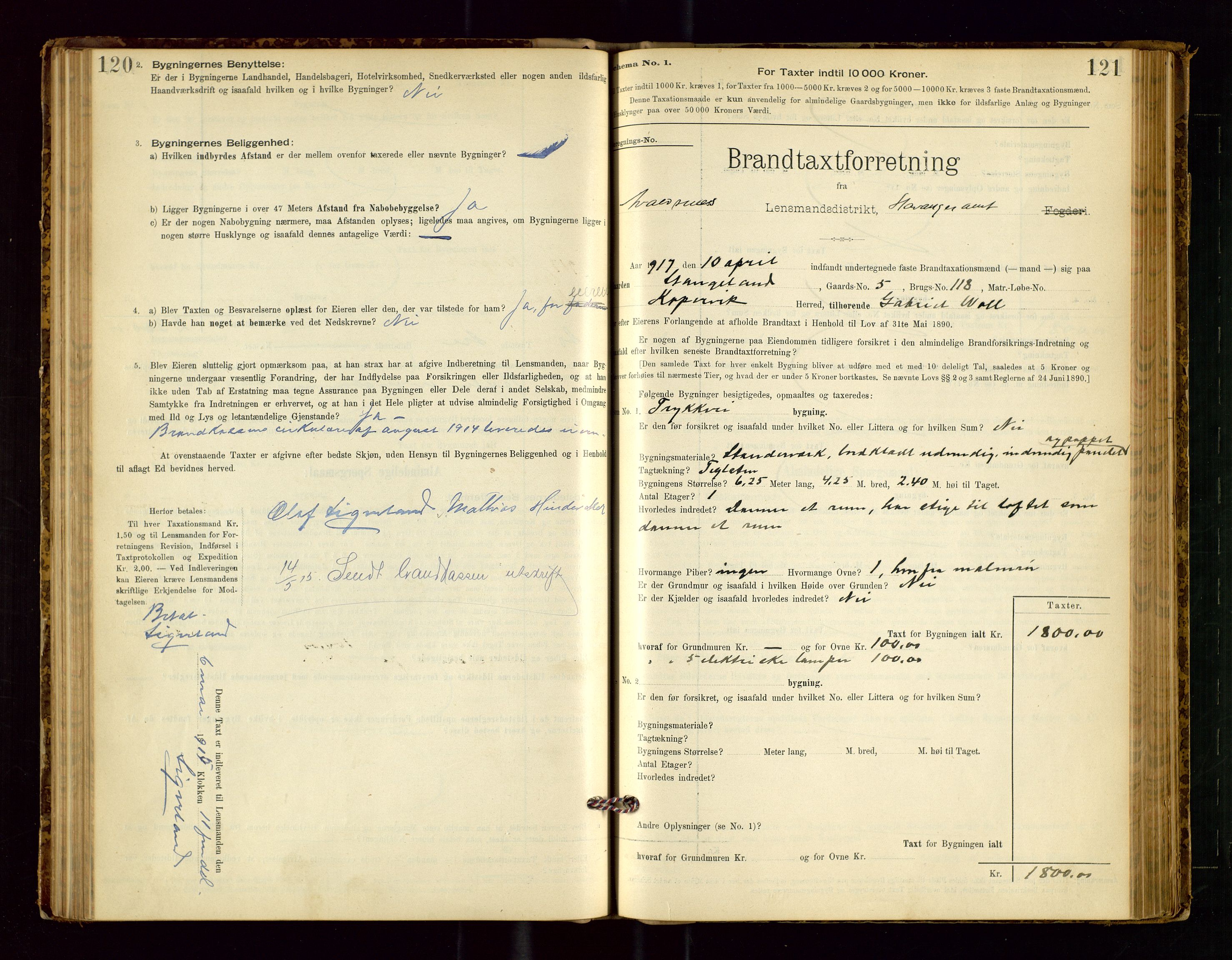 Avaldsnes lensmannskontor, AV/SAST-A-100286/Gob/L0001: "Brandtaxationsprotokol for Avaldsnes Lensmandsdistrikt Ryfylke Fogderi", 1894-1925, s. 120-121