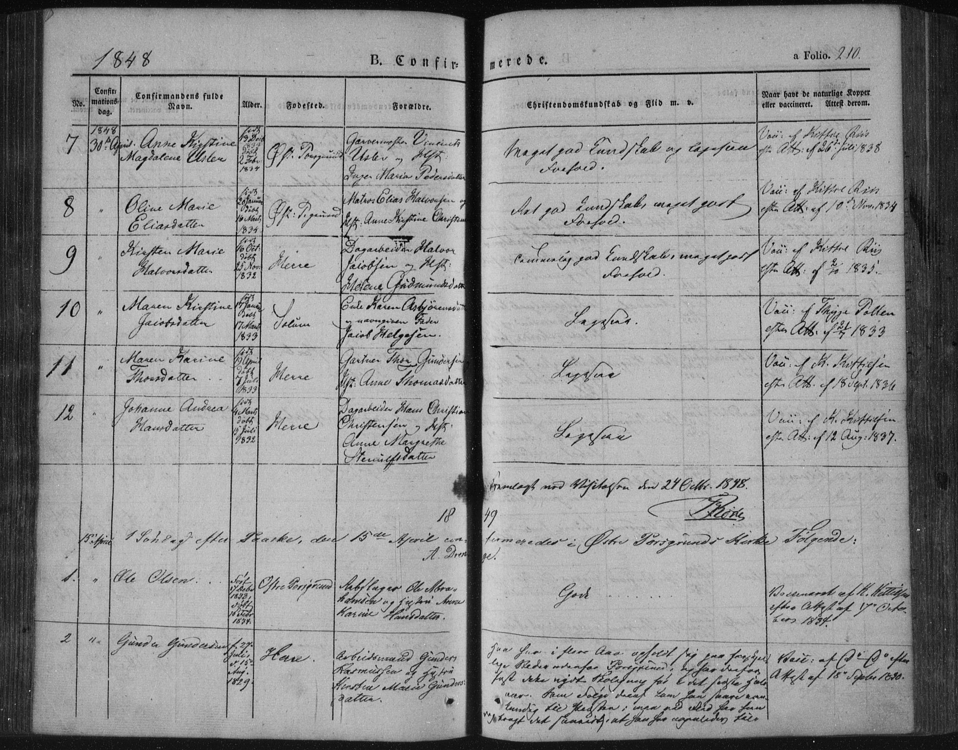 Porsgrunn kirkebøker , AV/SAKO-A-104/F/Fa/L0006: Ministerialbok nr. 6, 1841-1857, s. 210