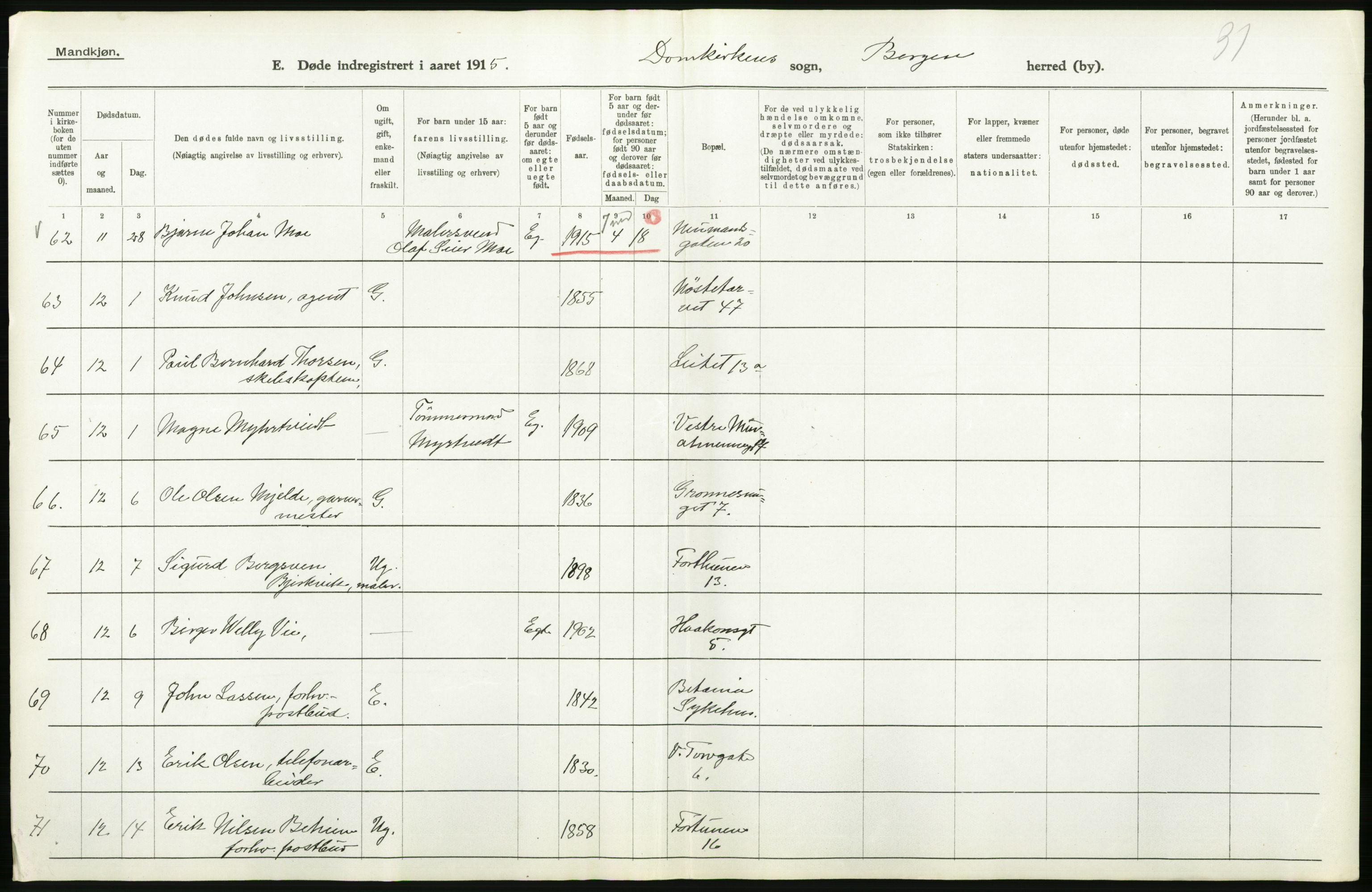 Statistisk sentralbyrå, Sosiodemografiske emner, Befolkning, AV/RA-S-2228/D/Df/Dfb/Dfbe/L0034: Bergen: Gifte, døde, dødfødte., 1915, s. 672