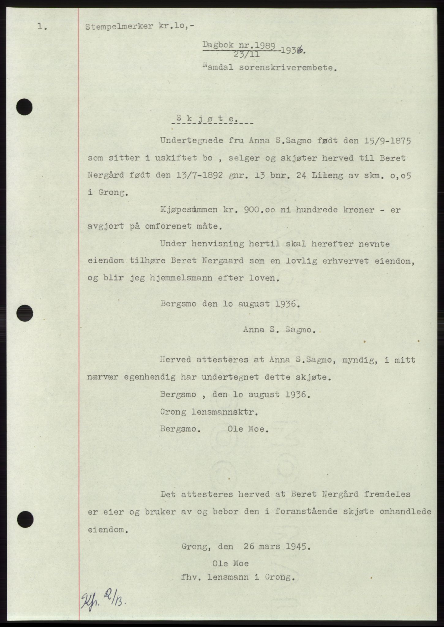 Namdal sorenskriveri, AV/SAT-A-4133/1/2/2C: Pantebok nr. -, 1935-1936, Tingl.dato: 23.11.1936