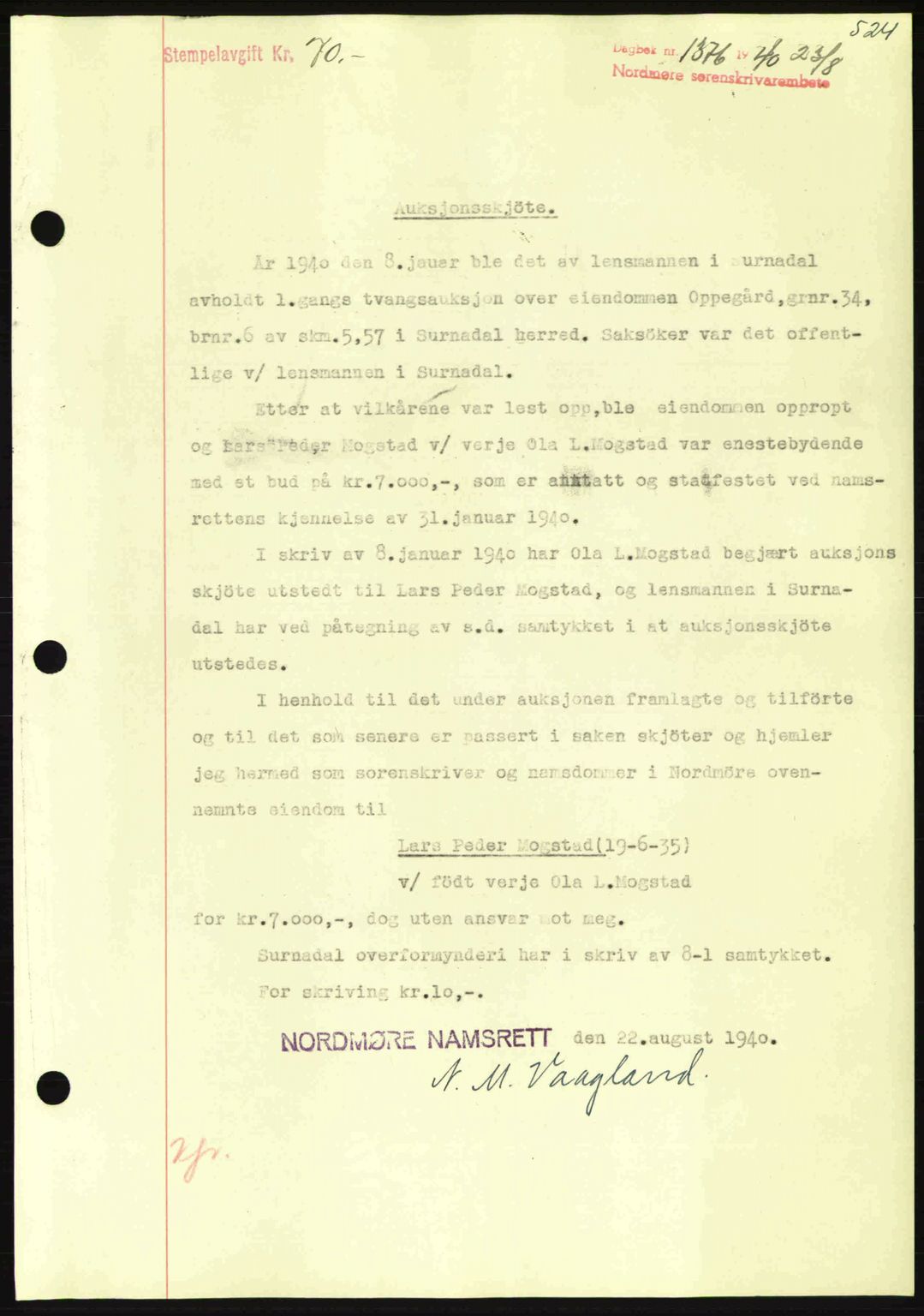 Nordmøre sorenskriveri, AV/SAT-A-4132/1/2/2Ca: Pantebok nr. A88, 1940-1940, Dagboknr: 1376/1940