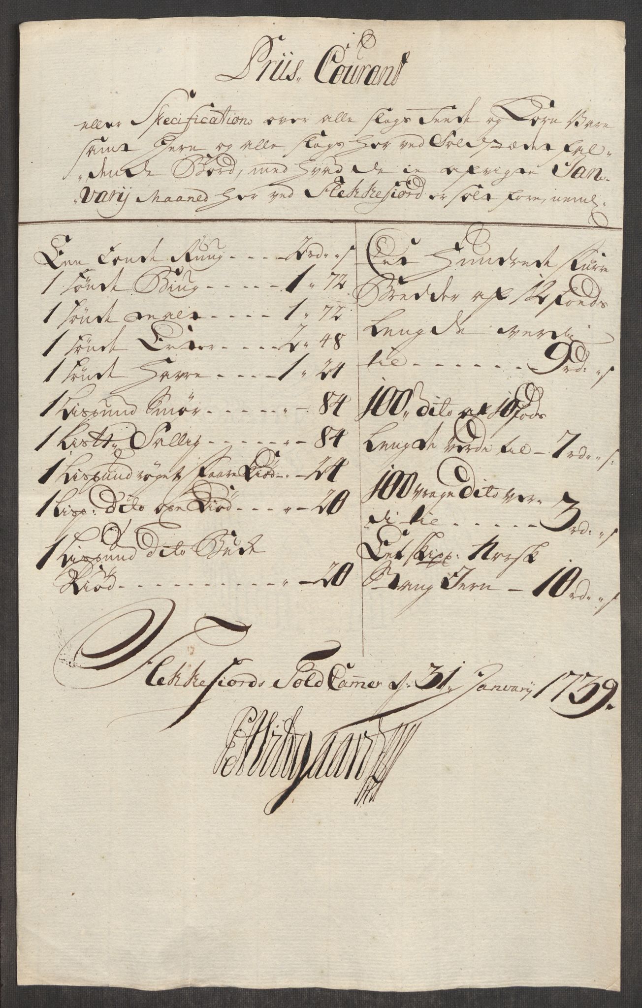 Rentekammeret inntil 1814, Realistisk ordnet avdeling, AV/RA-EA-4070/Oe/L0001: [Ø1]: Priskuranter, 1712-1739, s. 1072