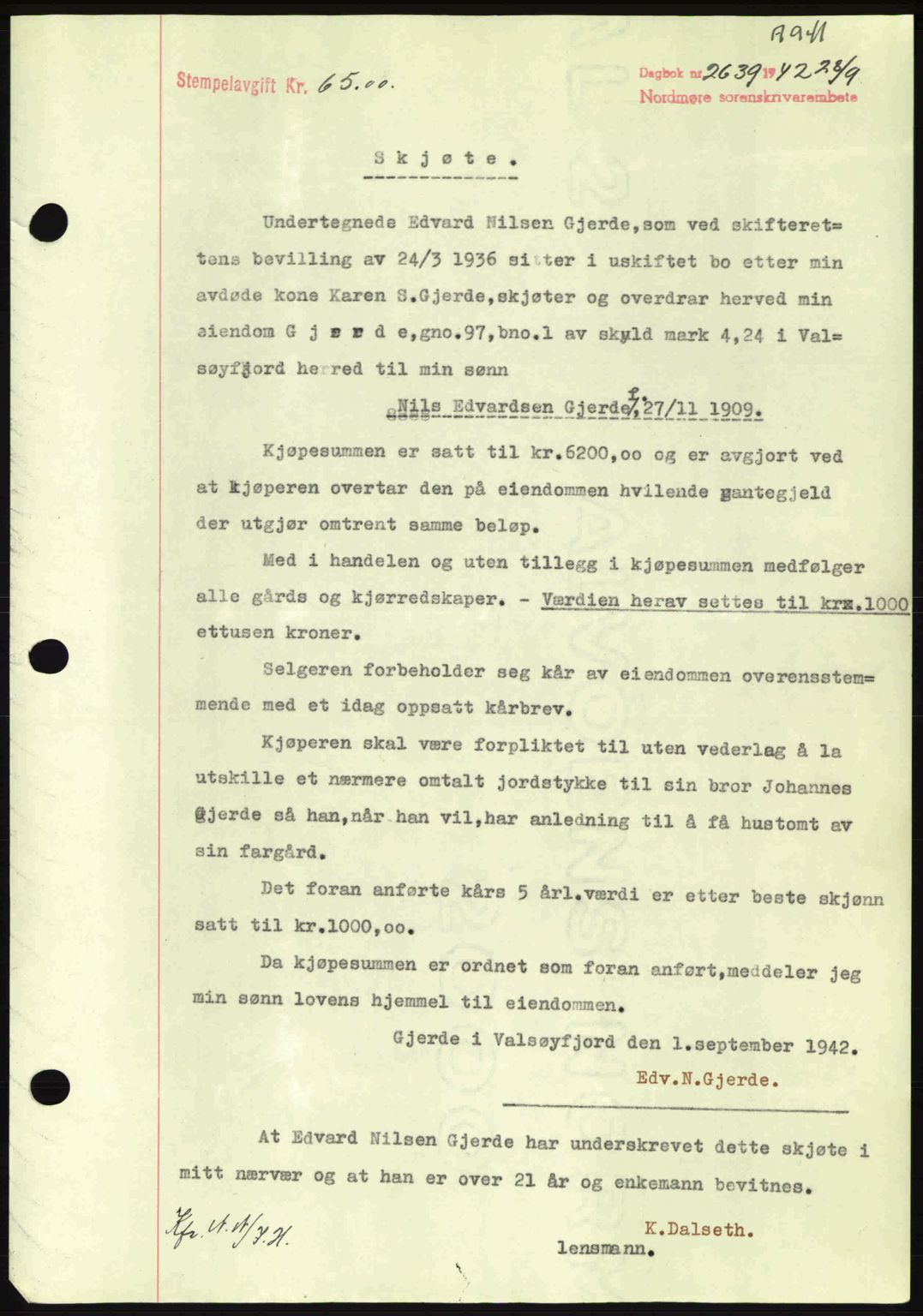 Nordmøre sorenskriveri, SAT/A-4132/1/2/2Ca: Pantebok nr. A93, 1942-1942, Dagboknr: 2639/1942