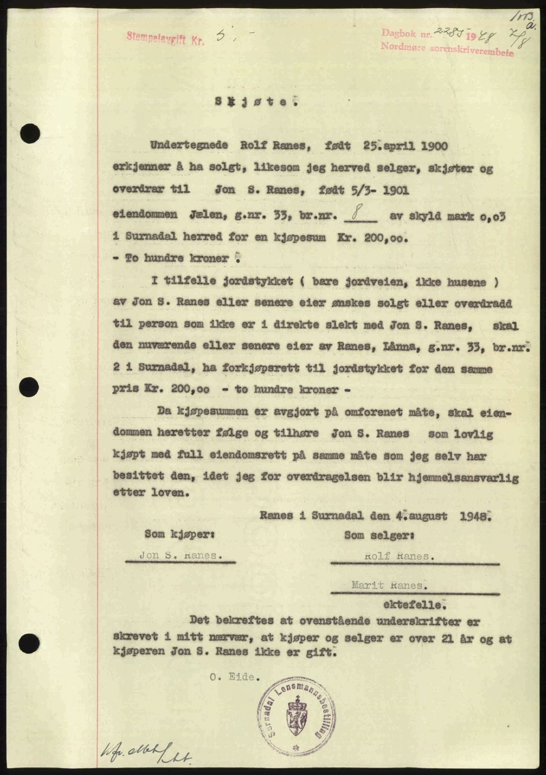 Nordmøre sorenskriveri, SAT/A-4132/1/2/2Ca: Pantebok nr. A108, 1948-1948, Dagboknr: 2285/1948