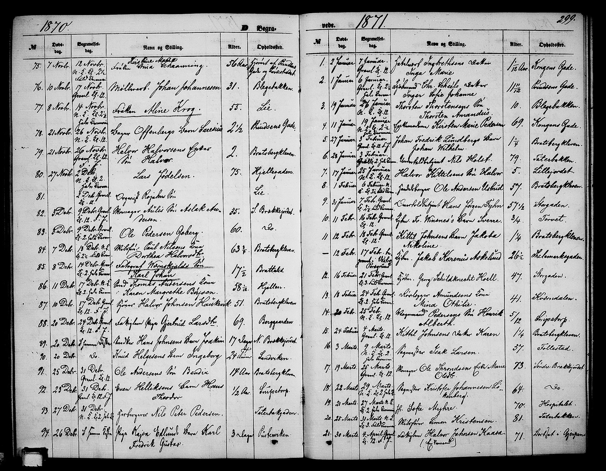 Skien kirkebøker, AV/SAKO-A-302/G/Ga/L0005: Klokkerbok nr. 5, 1868-1880, s. 299