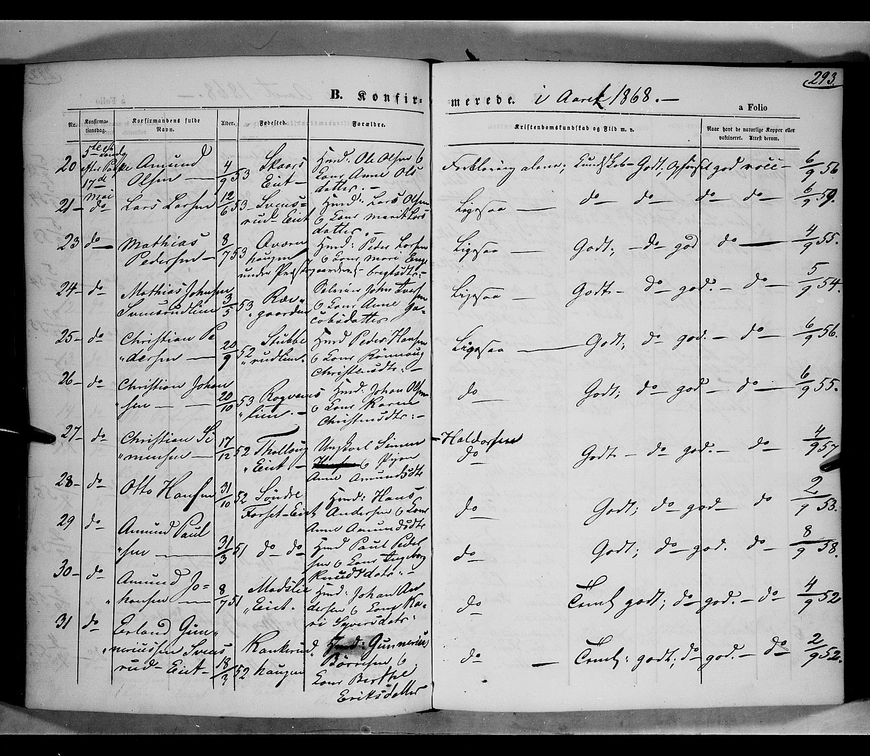 Gausdal prestekontor, AV/SAH-PREST-090/H/Ha/Haa/L0009: Ministerialbok nr. 9, 1862-1873, s. 293