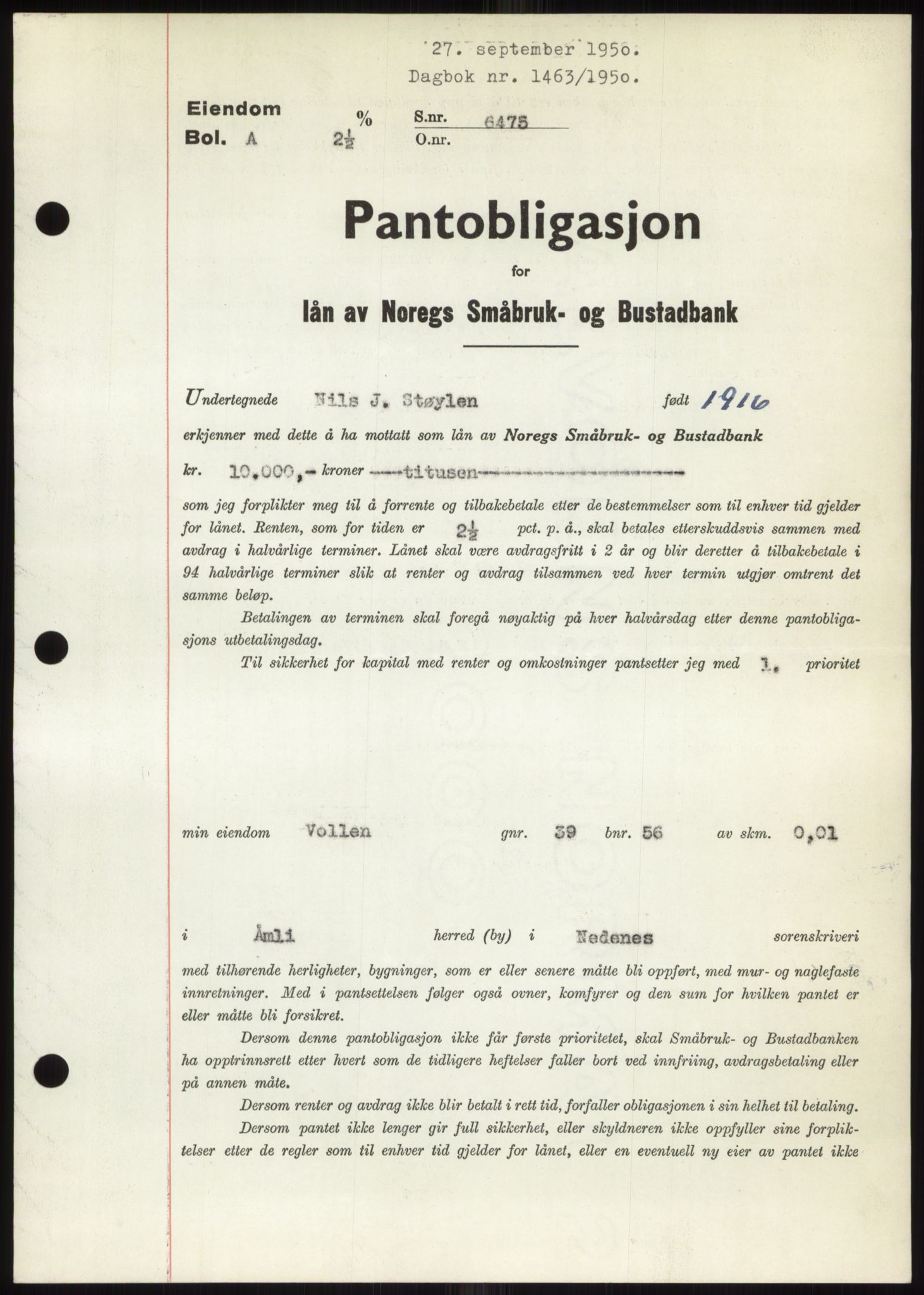 Nedenes sorenskriveri, SAK/1221-0006/G/Gb/Gbb/L0008: Pantebok nr. B8, 1950-1950, Dagboknr: 1463/1950