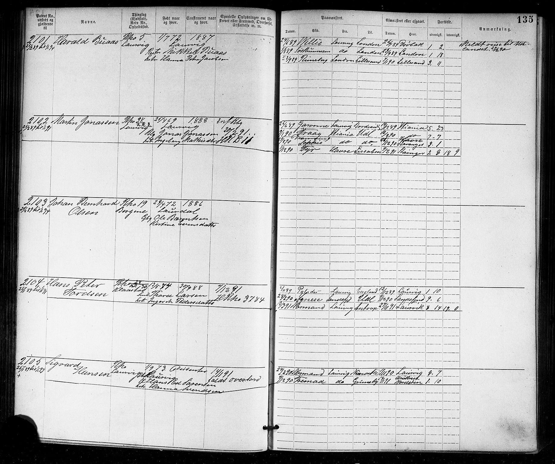 Larvik innrulleringskontor, AV/SAKO-A-787/F/Fb/L0001: Annotasjonsrulle, 1876-1904, s. 135