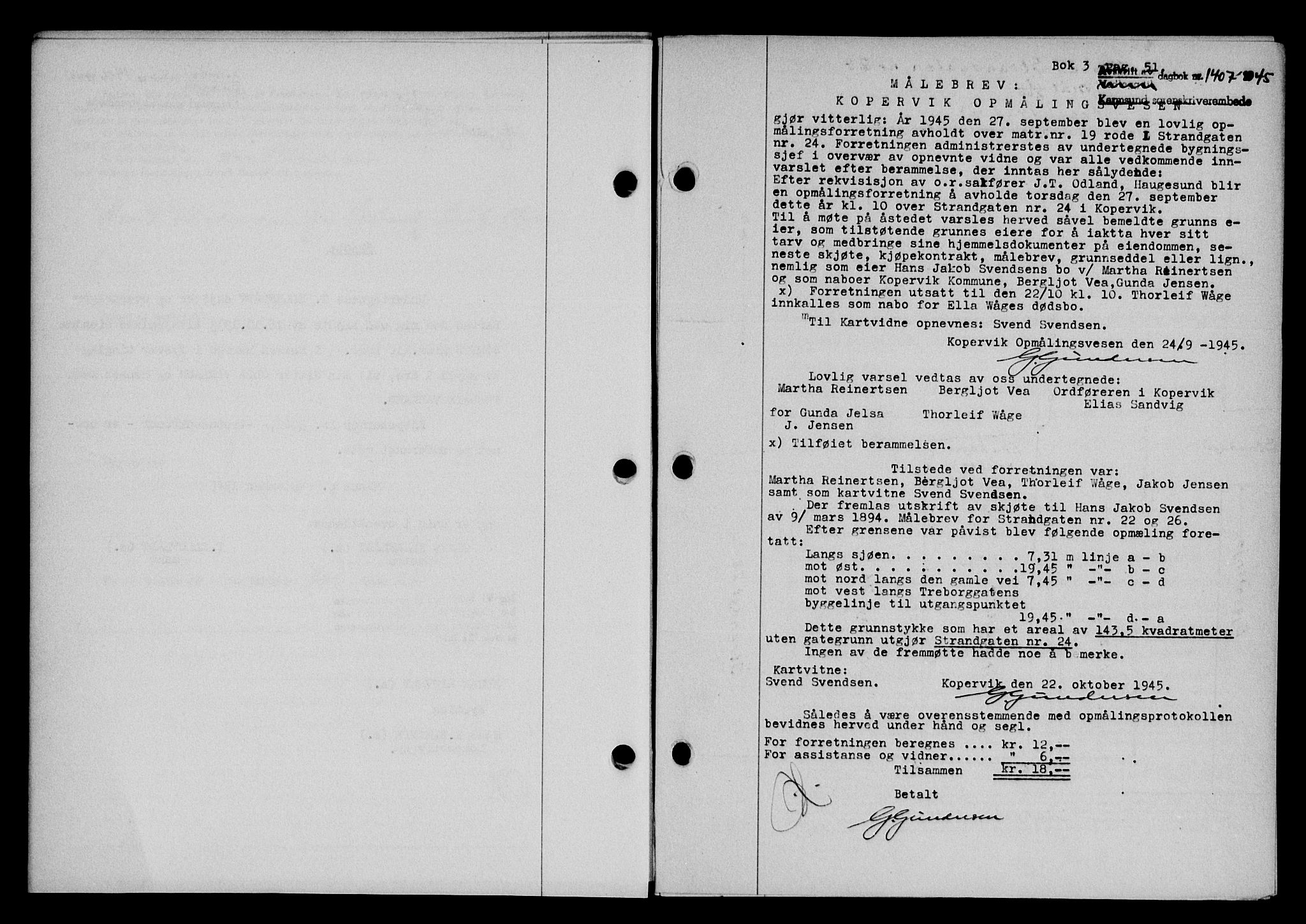 Karmsund sorenskriveri, SAST/A-100311/01/II/IIB/L0084: Pantebok nr. 65A, 1945-1946, Dagboknr: 1407/1945