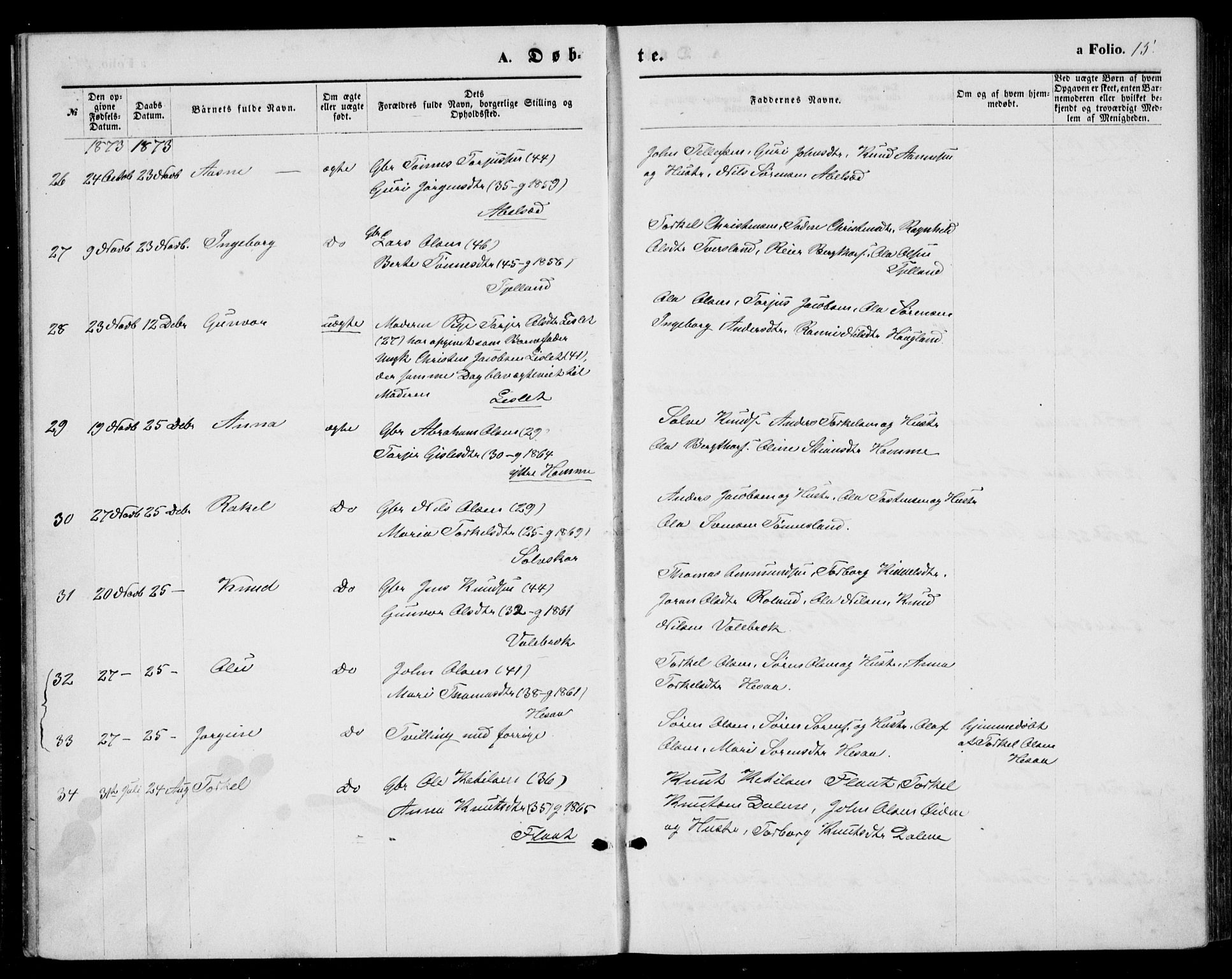 Bjelland sokneprestkontor, AV/SAK-1111-0005/F/Fb/Fba/L0004: Klokkerbok nr. B 4, 1869-1886, s. 15