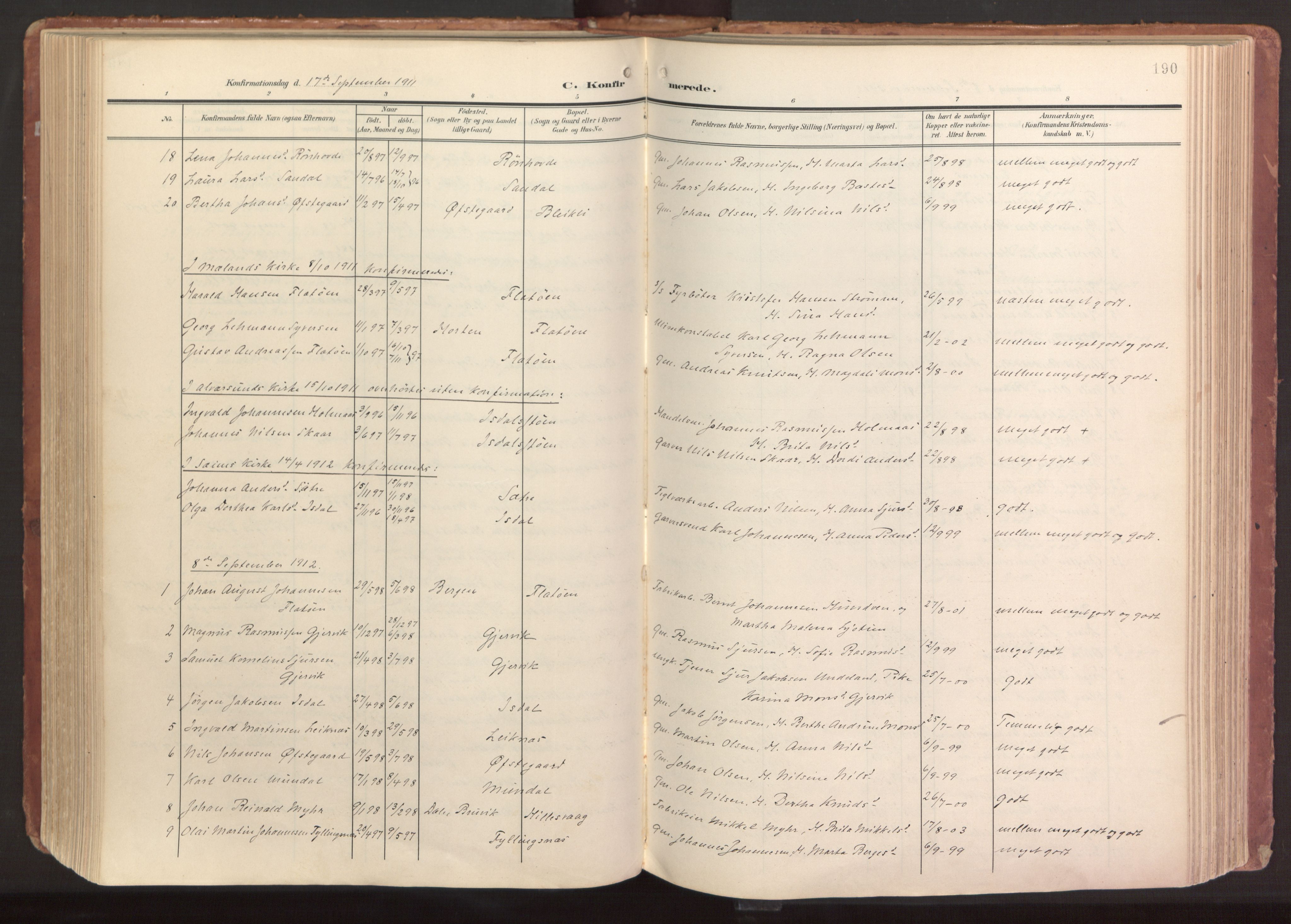 Hamre sokneprestembete, AV/SAB-A-75501/H/Ha/Haa/Haab/L0002: Ministerialbok nr. B 2, 1905-1924, s. 190