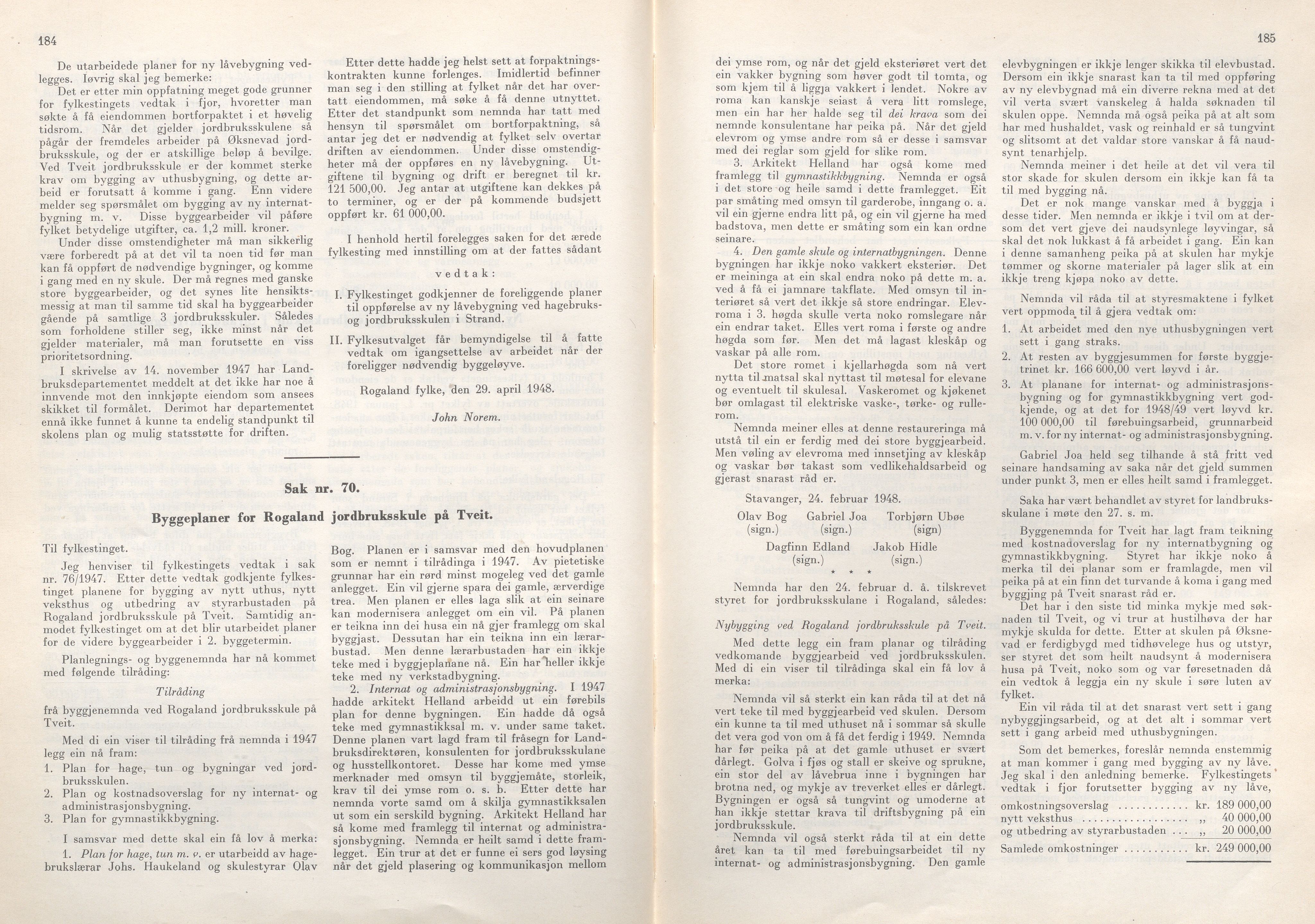 Rogaland fylkeskommune - Fylkesrådmannen , IKAR/A-900/A/Aa/Aaa/L0067: Møtebok , 1948, s. 184-185