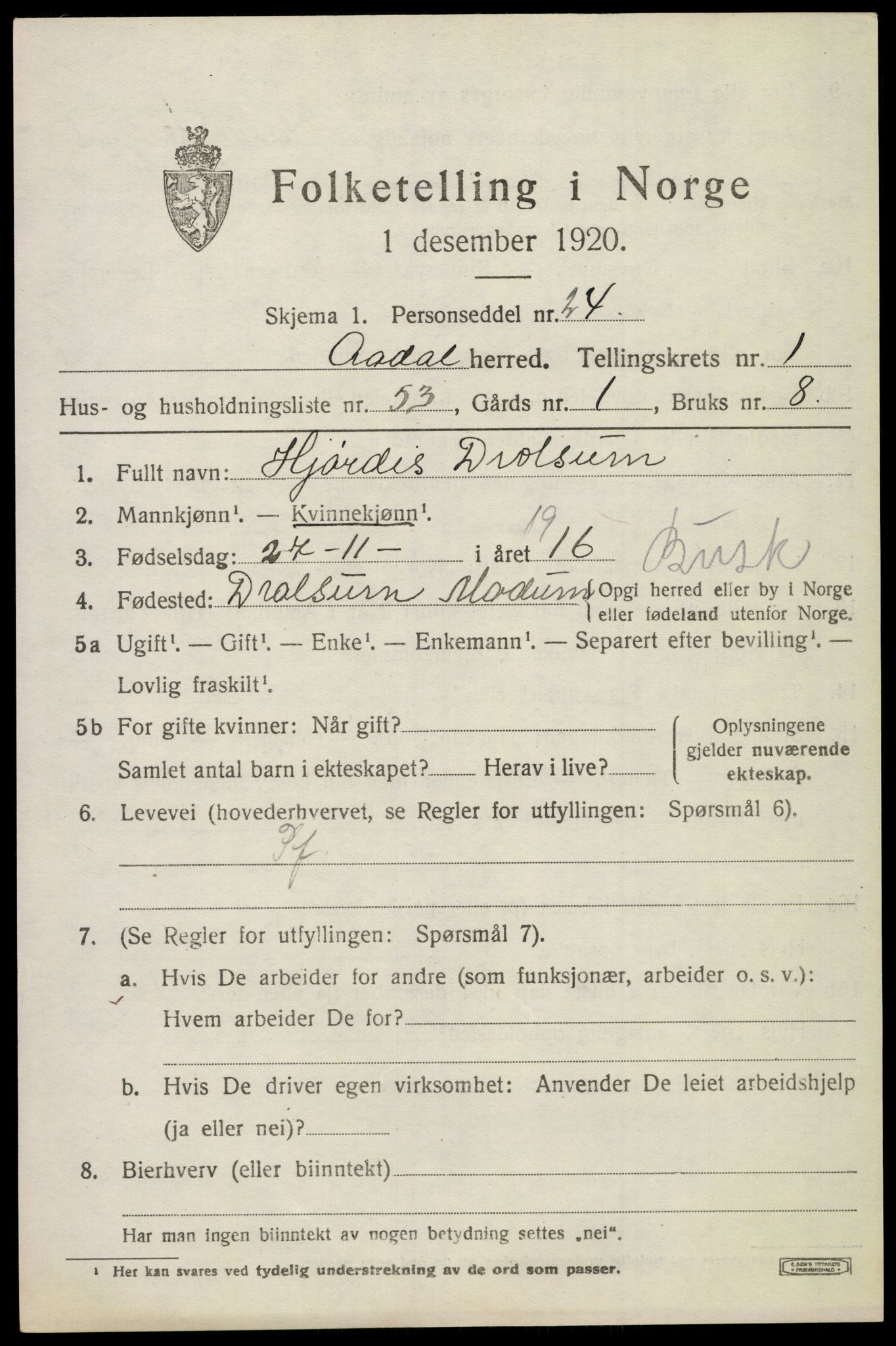 SAKO, Folketelling 1920 for 0614 Ådal herred, 1920, s. 2032