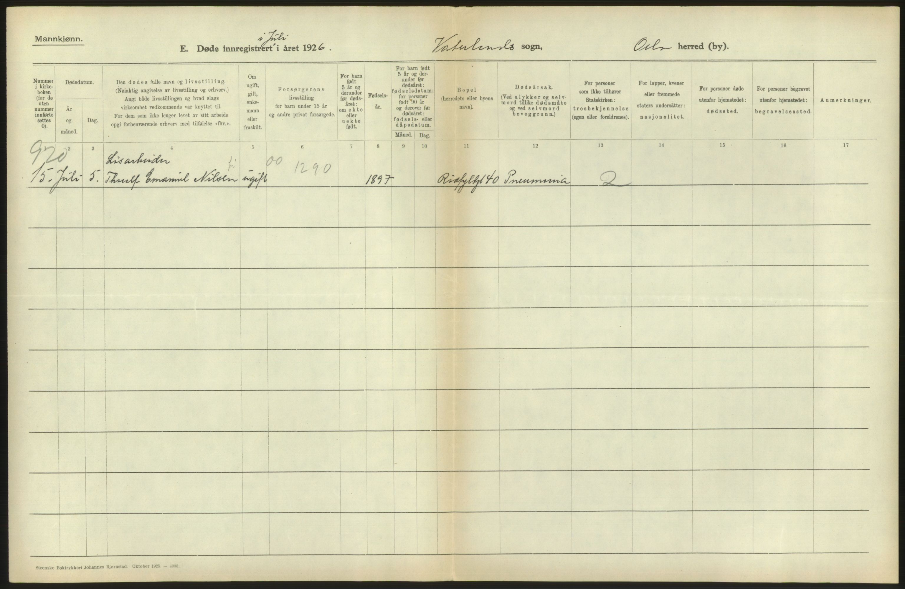 Statistisk sentralbyrå, Sosiodemografiske emner, Befolkning, AV/RA-S-2228/D/Df/Dfc/Dfcf/L0009: Oslo: Døde menn, 1926, s. 468