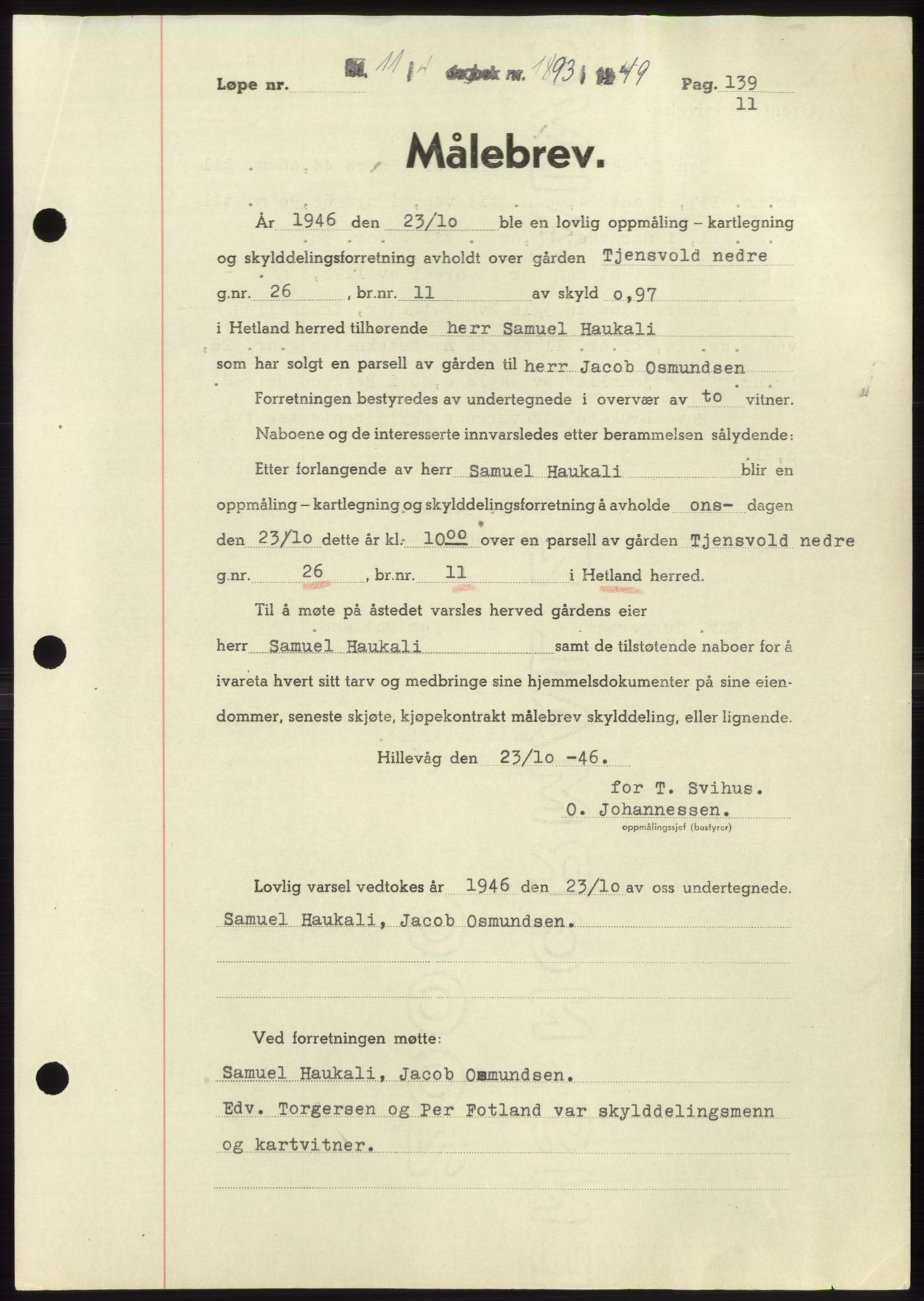 Jæren sorenskriveri, SAST/A-100310/03/G/Gba/L0102: Pantebok, 1949-1949, Dagboknr: 1893/1949