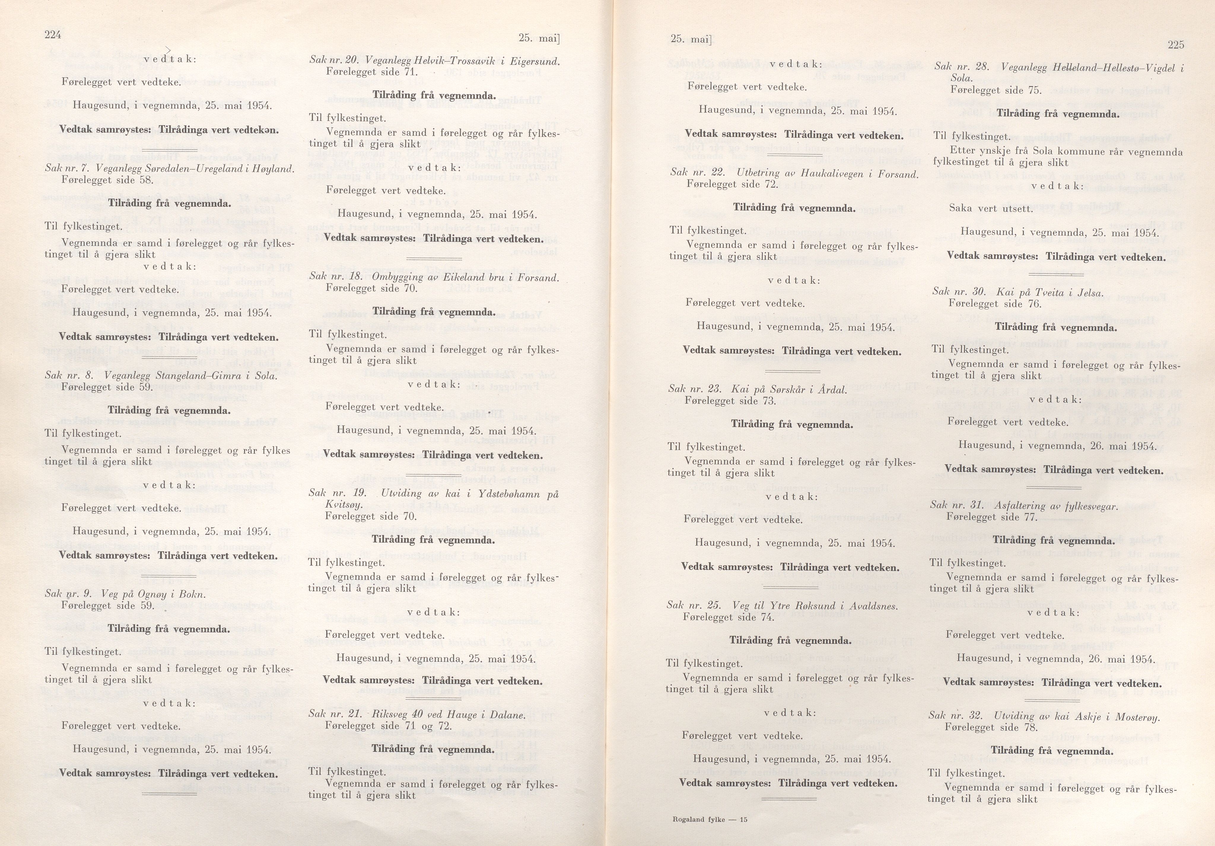 Rogaland fylkeskommune - Fylkesrådmannen , IKAR/A-900/A/Aa/Aaa/L0073: Møtebok , 1954, s. 224-225