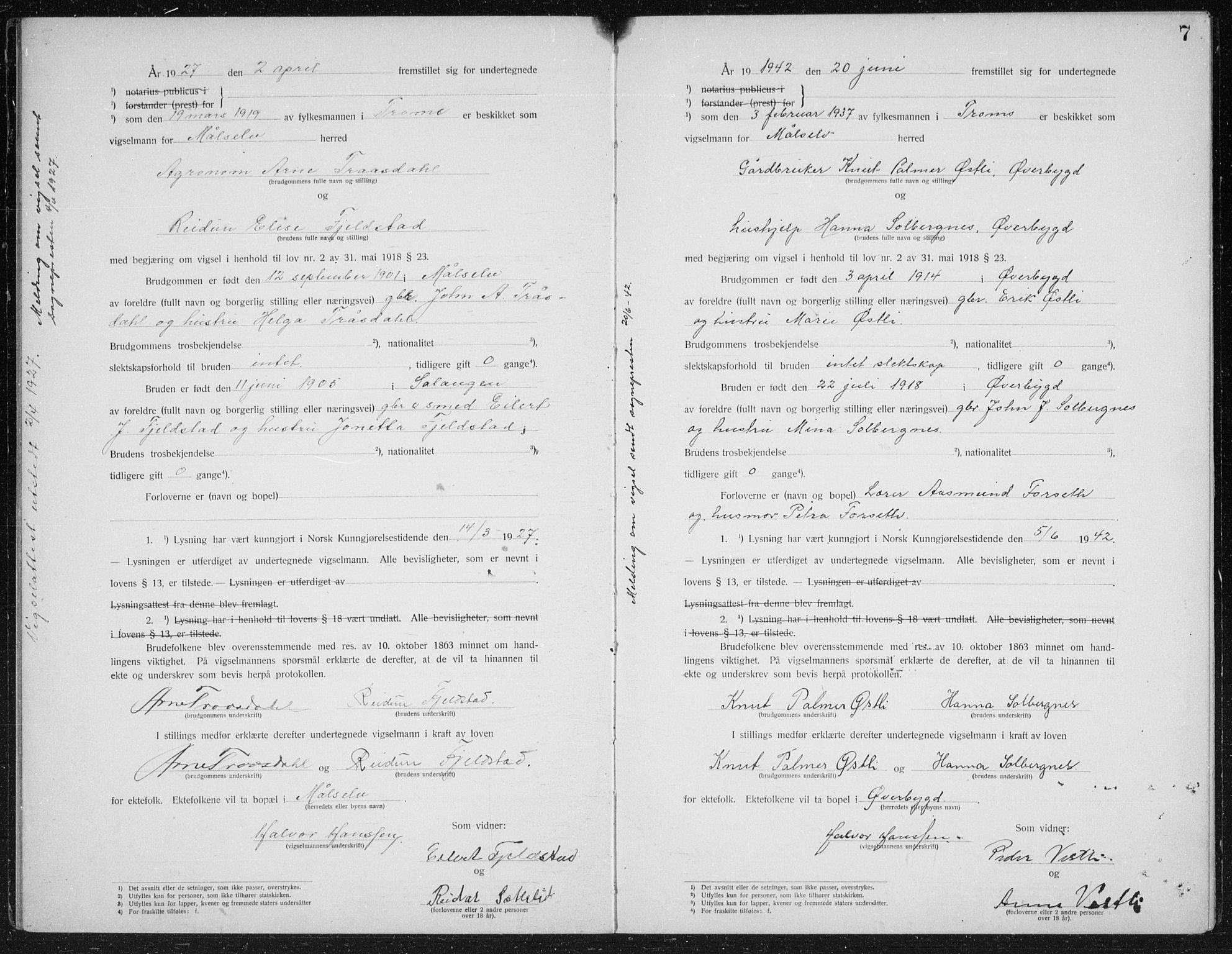 Målselv sokneprestembete, AV/SATØ-S-1311/I/Ie/L0046: Vigselsbok (dissentere) nr. 46, 1919-1942, s. 7