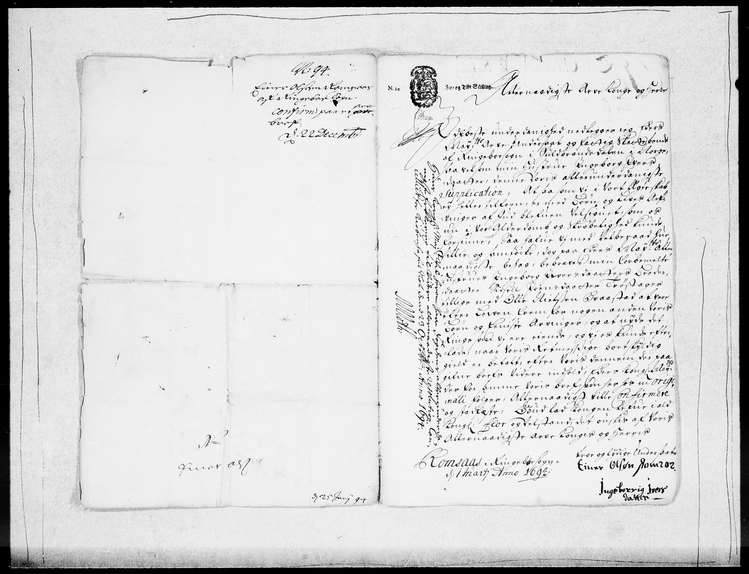Danske Kanselli 1572-1799, RA/EA-3023/F/Fc/Fcc/Fcca/L0046: Norske innlegg 1572-1799, 1693-1695, s. 242