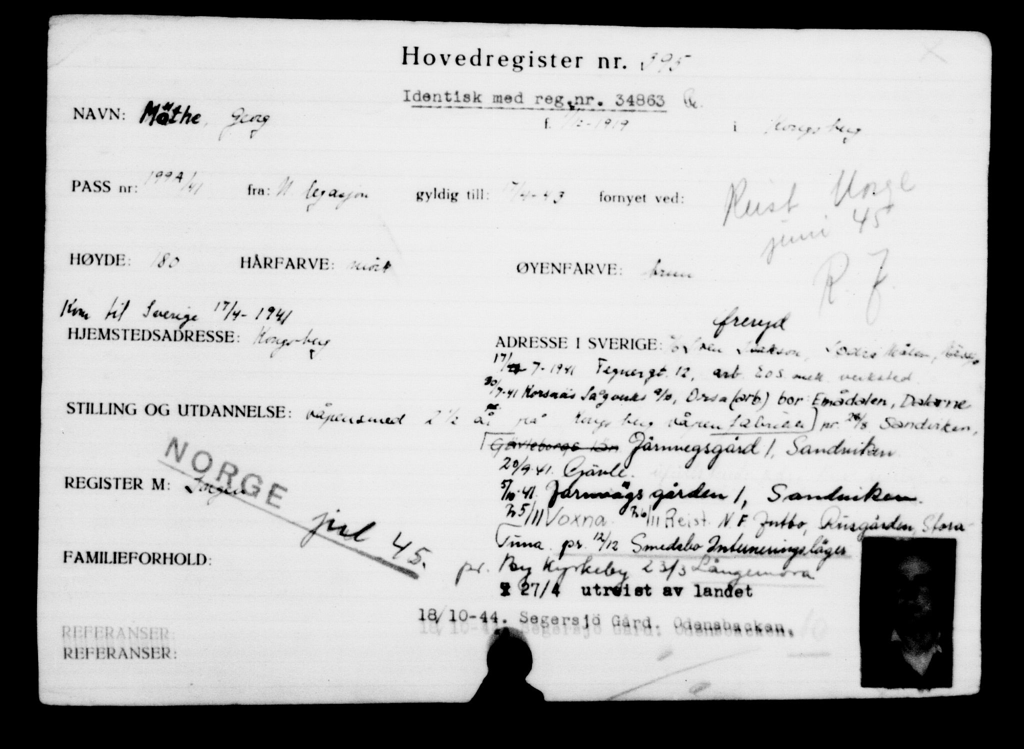 Utenriksstasjonene, Legasjonen i Stockholm, Flyktningkontoret, AV/RA-S-6753/V/Va/L0001: Kjesäterkartoteket, flyktninger med registreringsnr. 1-1000, 1940-1945, s. 618