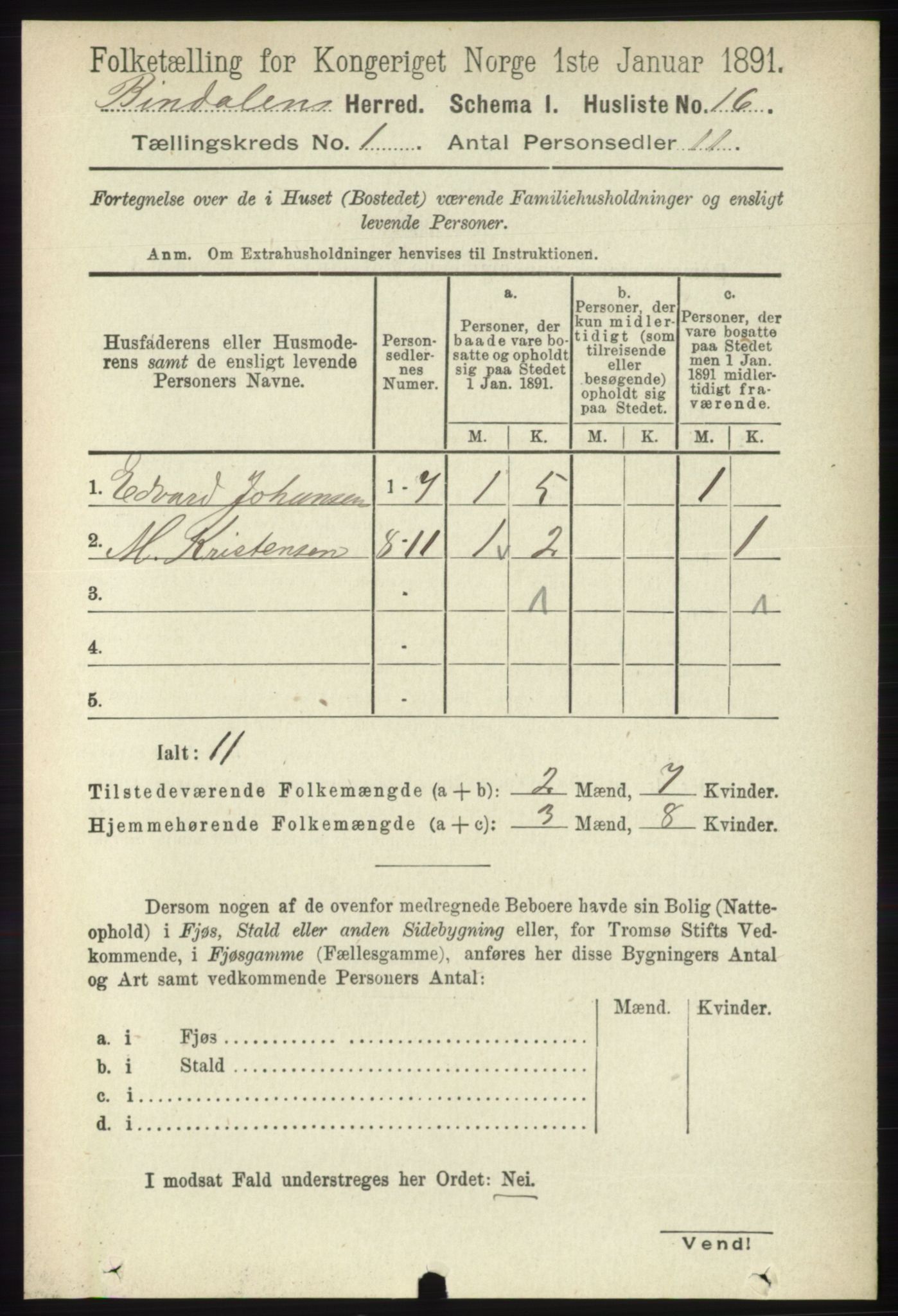 RA, Folketelling 1891 for 1811 Bindal herred, 1891, s. 42