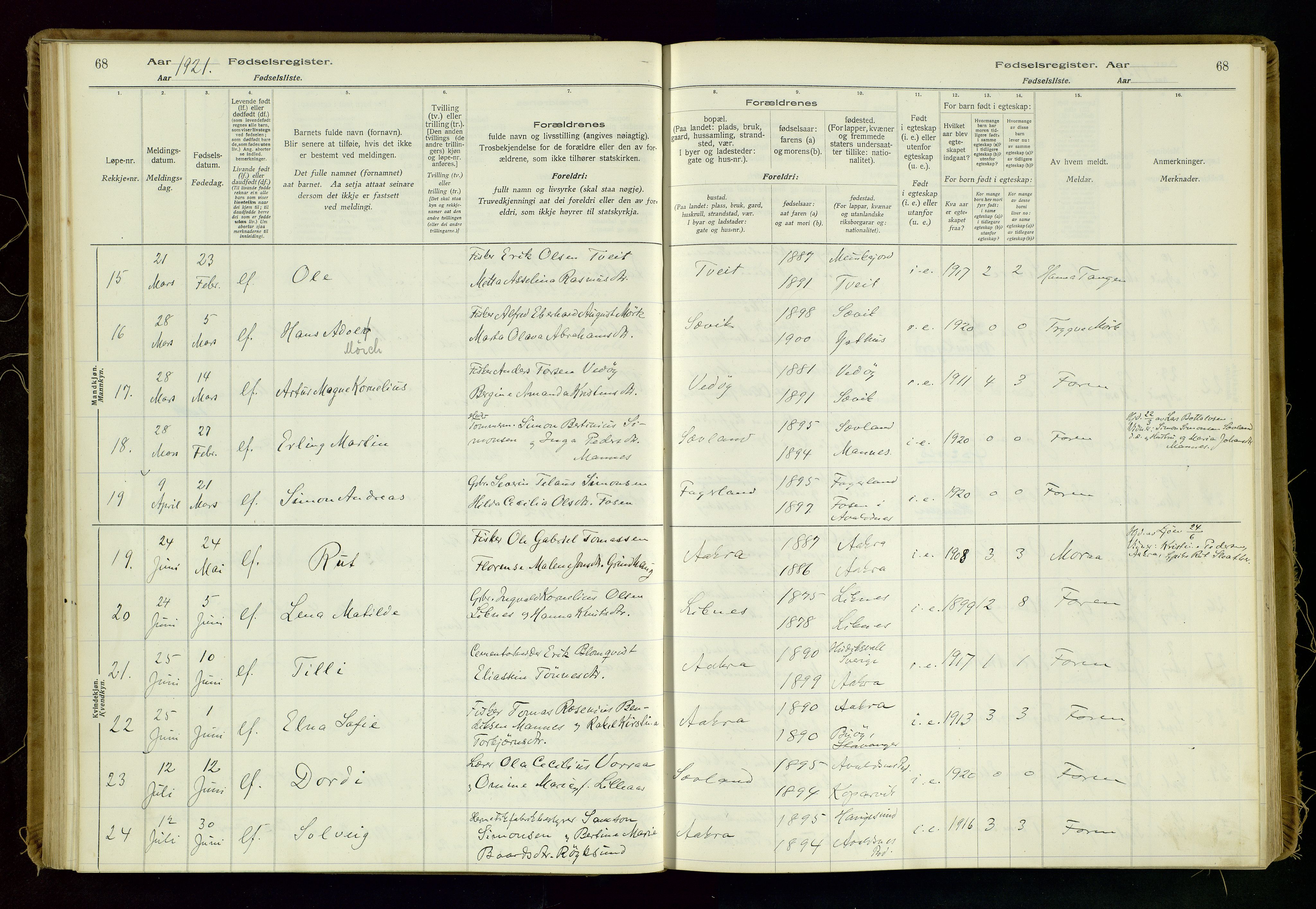 Kopervik sokneprestkontor, AV/SAST-A-101850/I/Id/L0006: Fødselsregister nr. 6, 1916-1934, s. 68