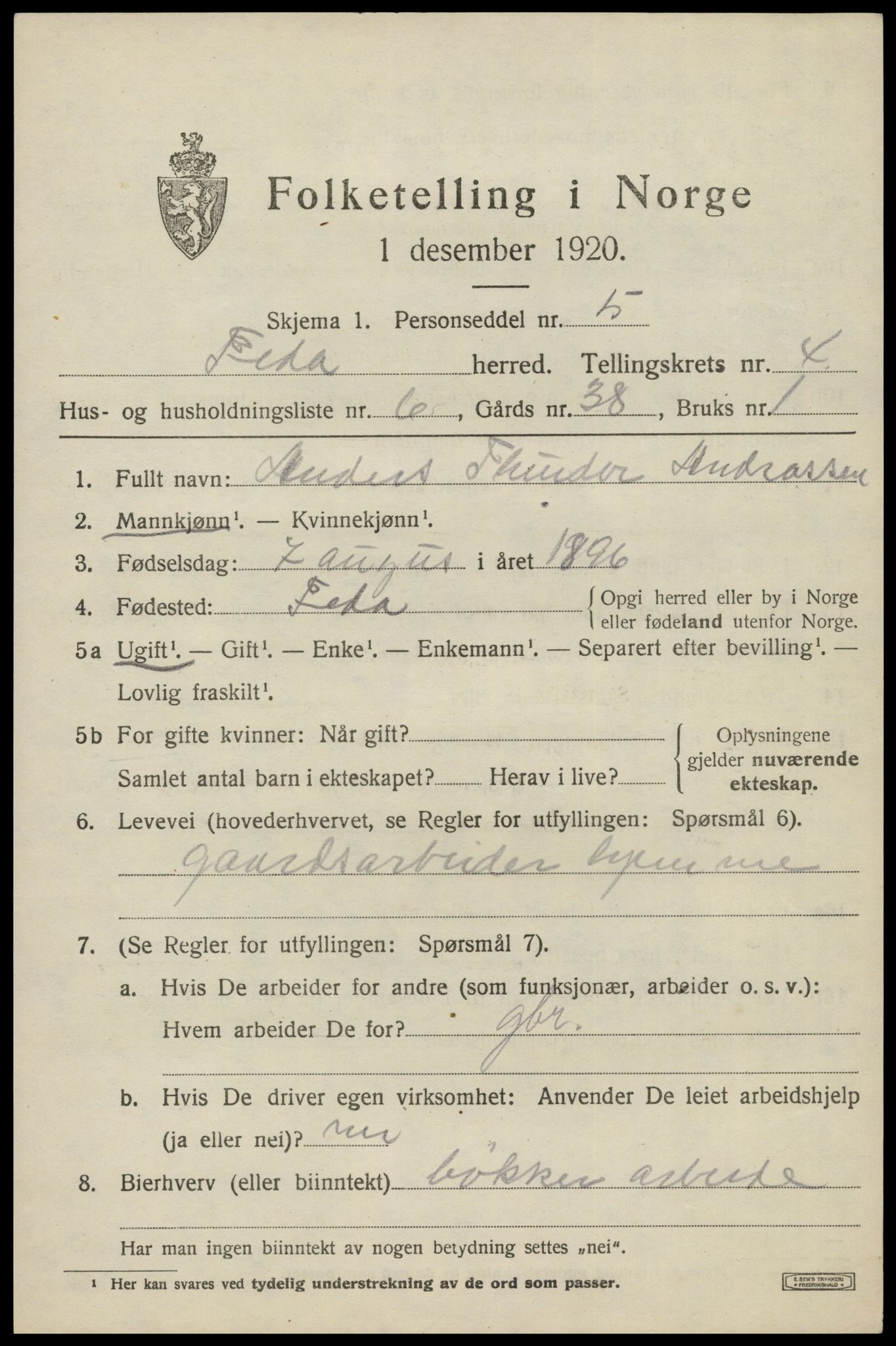 SAK, Folketelling 1920 for 1038 Feda herred, 1920, s. 1879