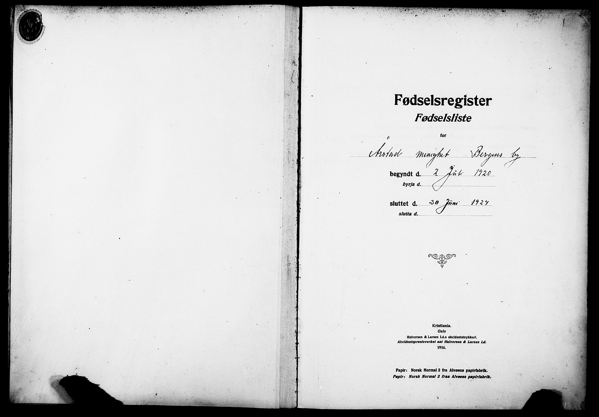 Årstad Sokneprestembete, SAB/A-79301/I/Id/L0A02: Fødselsregister nr. A 2, 1920-1924