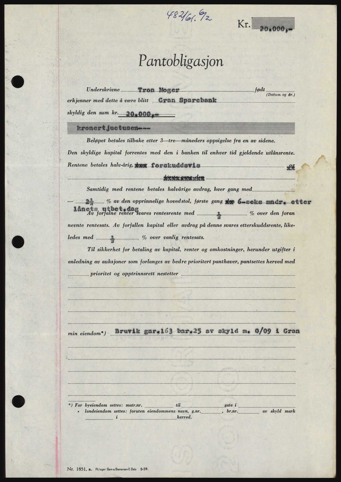 Hadeland og Land tingrett, SAH/TING-010/H/Hb/Hbc/L0045: Pantebok nr. B45, 1961-1961, Dagboknr: 482/1961