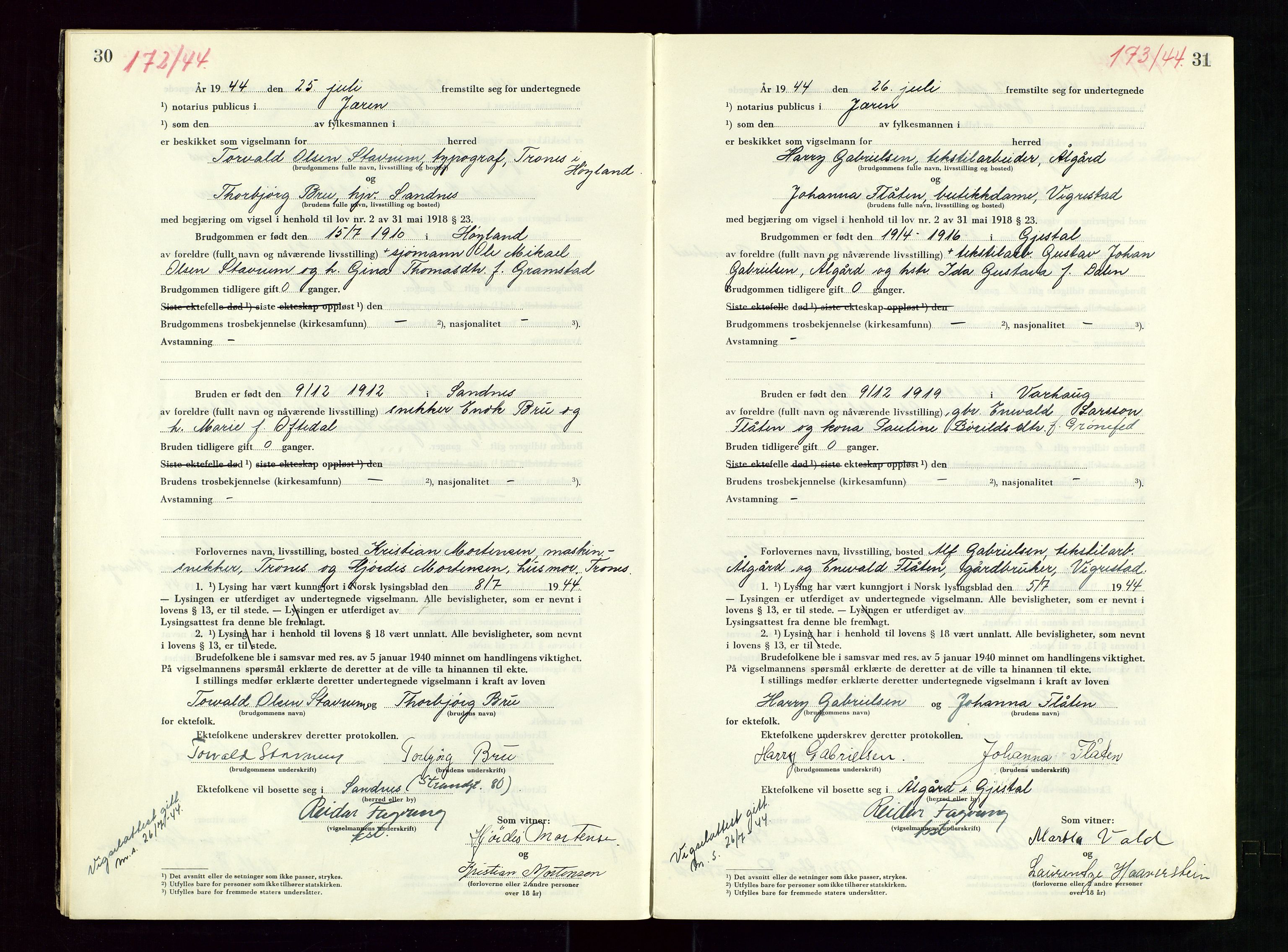 Jæren sorenskriveri, AV/SAST-A-100310/01/6/62/62BA/L0007: VIGSELSPROTOKOLL, 1944, s. 30-31
