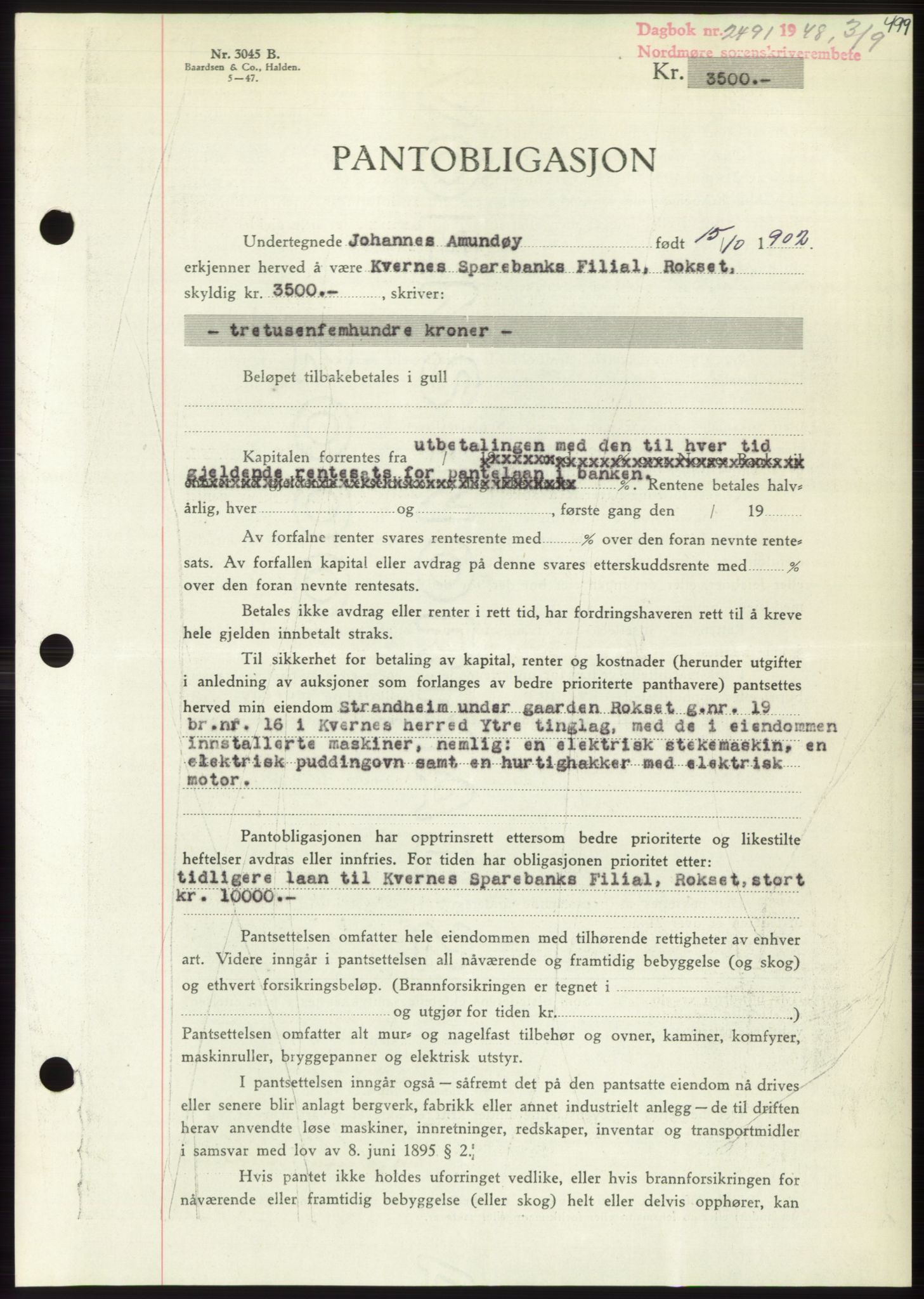 Nordmøre sorenskriveri, AV/SAT-A-4132/1/2/2Ca: Pantebok nr. B99, 1948-1948, Dagboknr: 2491/1948