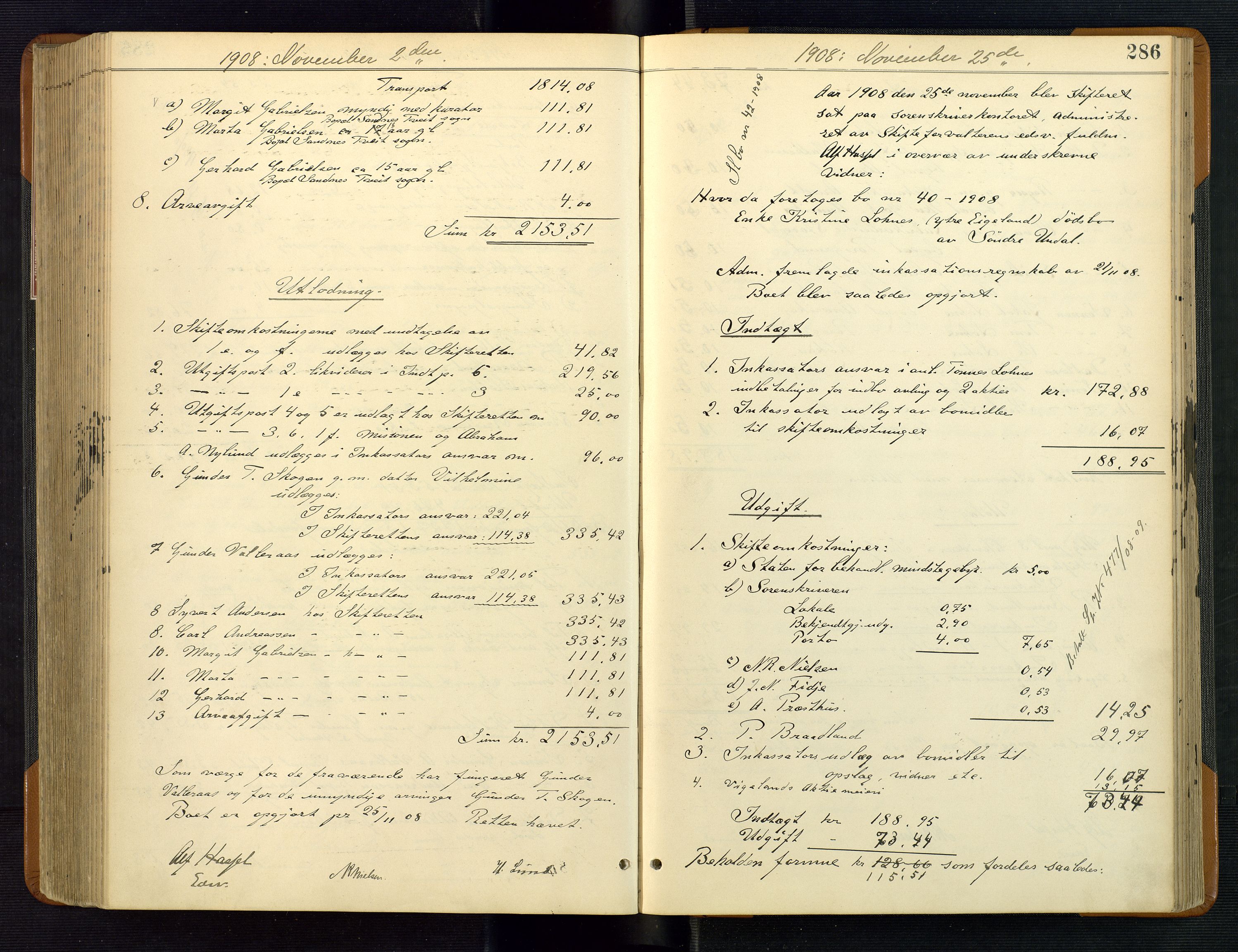 Mandal sorenskriveri, SAK/1221-0005/001/H/Hc/L0097: Skifteutlodningsprotokoll nr 6 med register, 1903-1910, s. 286