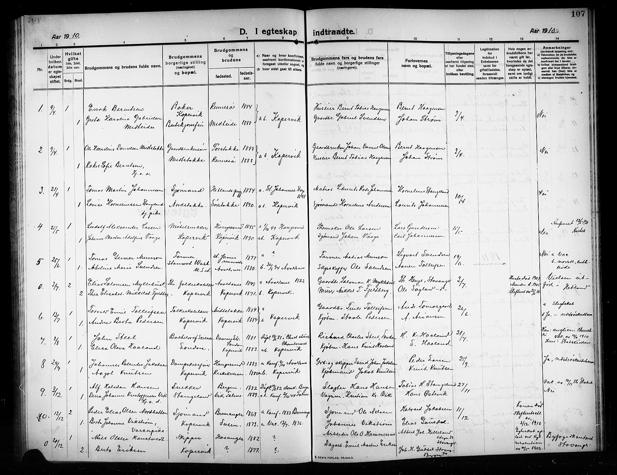 Kopervik sokneprestkontor, SAST/A-101850/H/Ha/Hab/L0005: Klokkerbok nr. B 5, 1909-1918, s. 107