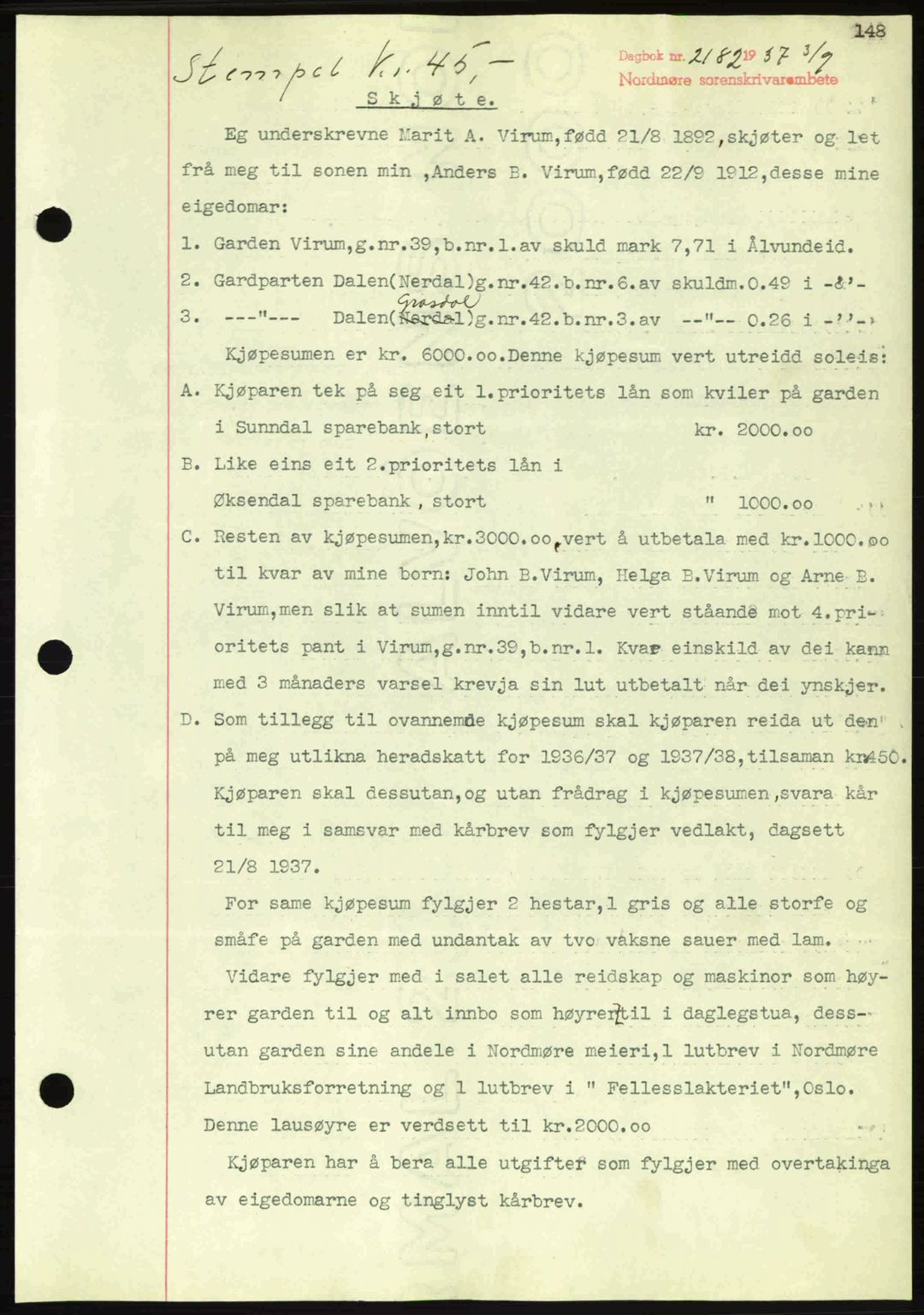 Nordmøre sorenskriveri, SAT/A-4132/1/2/2Ca: Pantebok nr. A82, 1937-1938, Dagboknr: 2182/1937