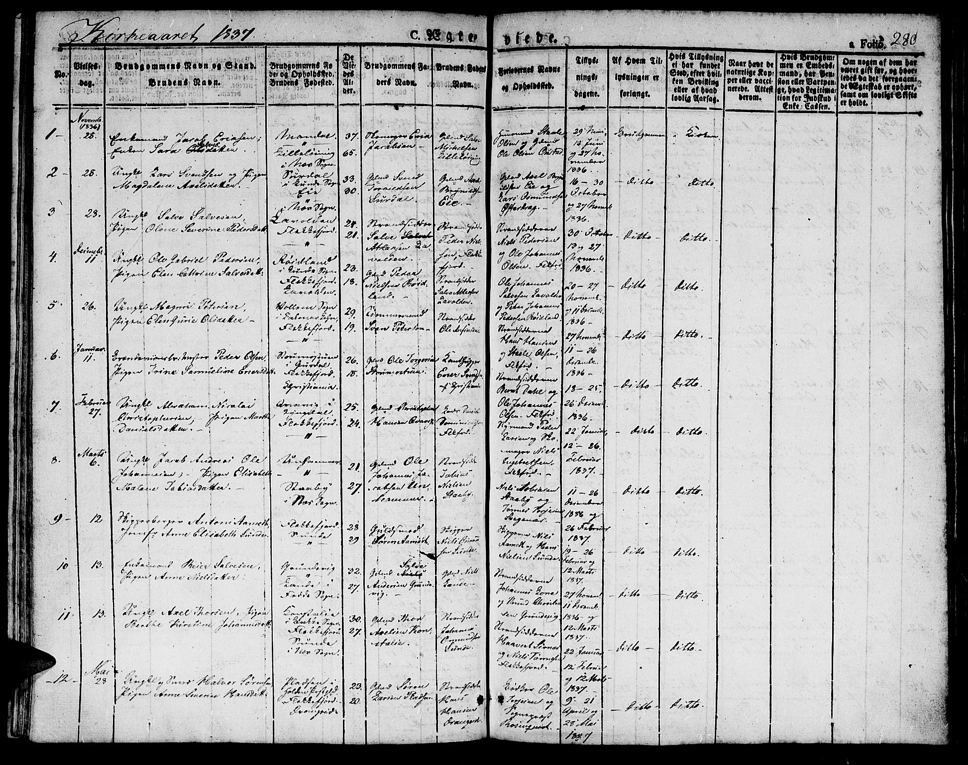 Flekkefjord sokneprestkontor, AV/SAK-1111-0012/F/Fb/Fbc/L0004: Klokkerbok nr. B 4, 1827-1846, s. 280