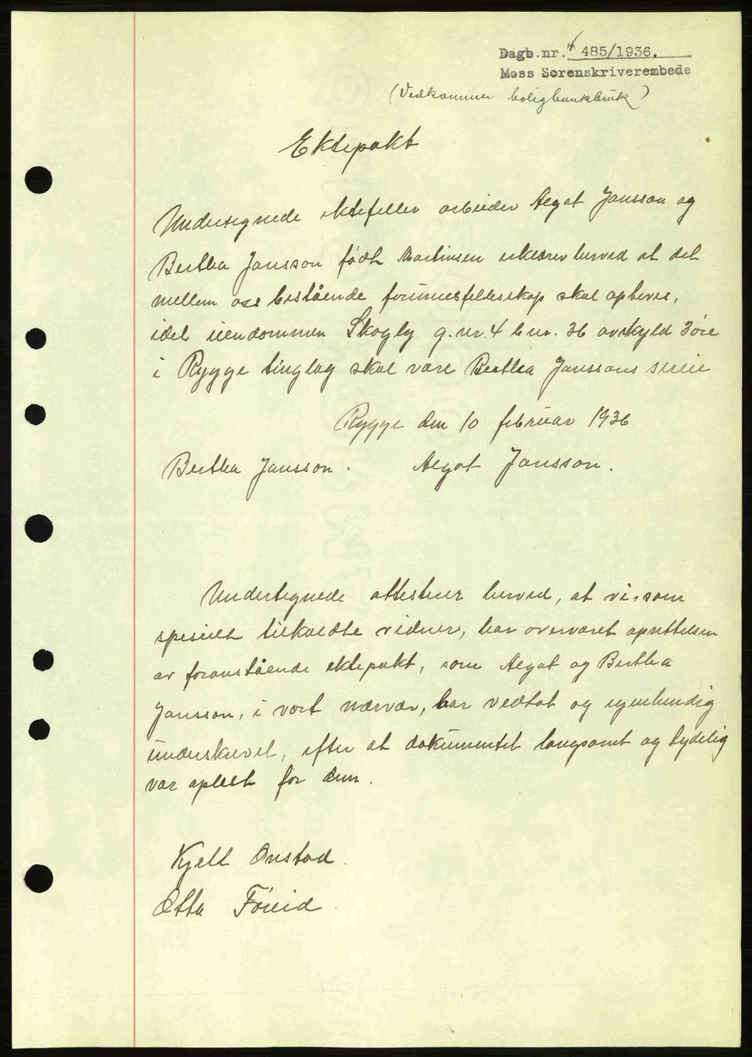 Moss sorenskriveri, SAO/A-10168: Pantebok nr. A1, 1936-1936, Dagboknr: 485/1936